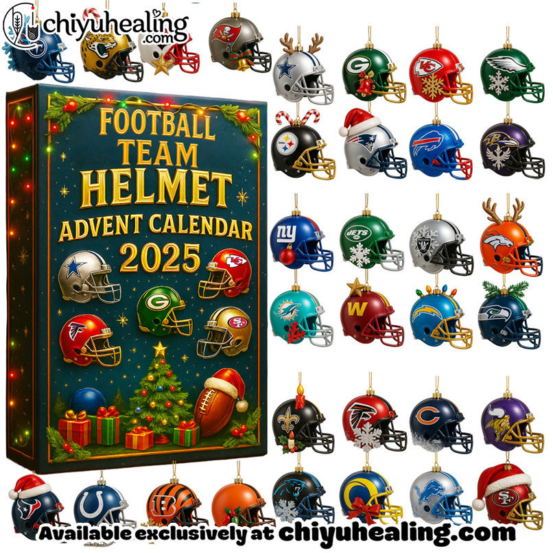 2025 NFL 32 Team Helmets Advent Calendar, Christmas Countdown Advent Calendar Gift Box with 24 Acrylic Ornaments