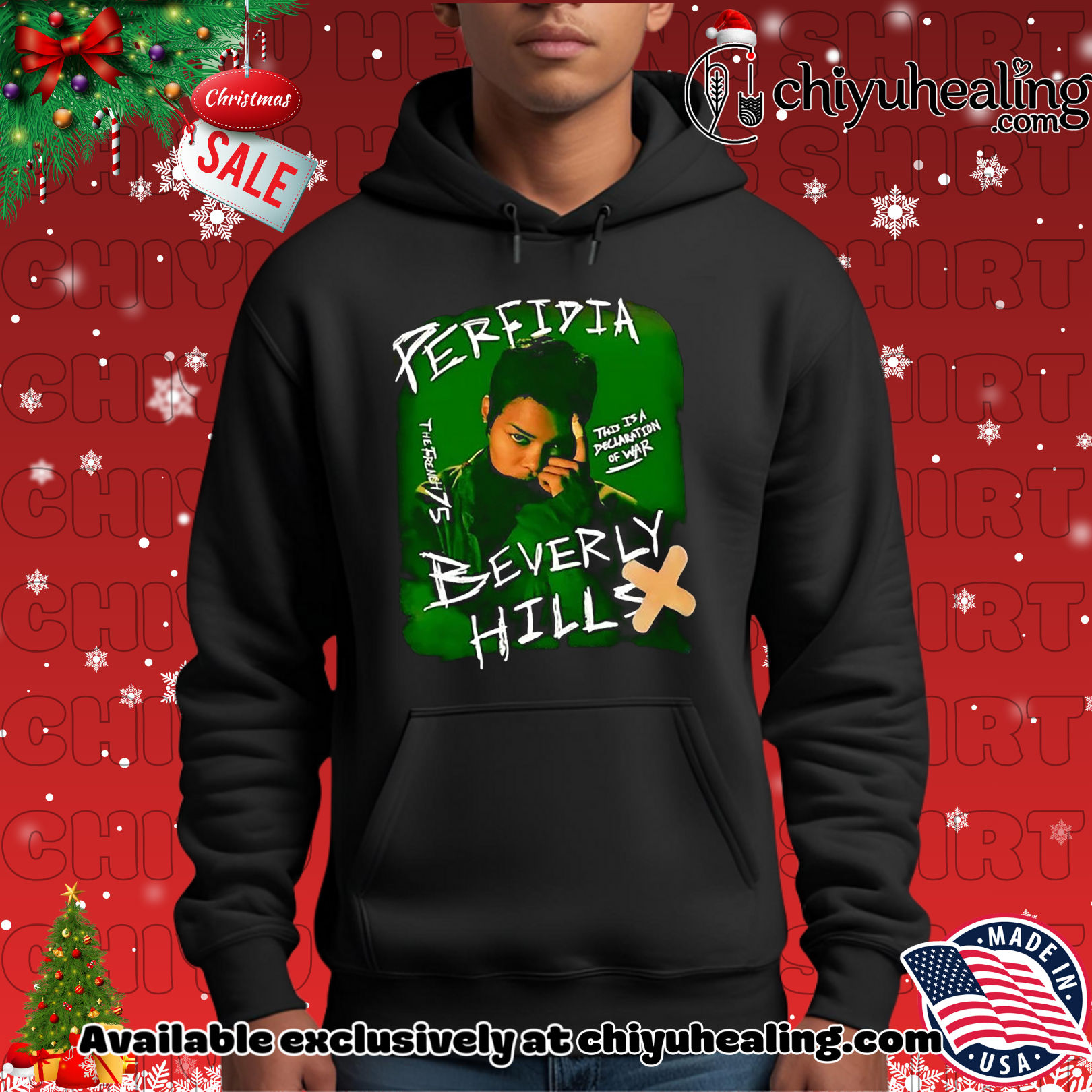 Chase Infiniti wearing Perfidia Beverly Hills Christmas ornament, Hoodie, Sweatshirt, Poster Canvas, Mug, Ornaments