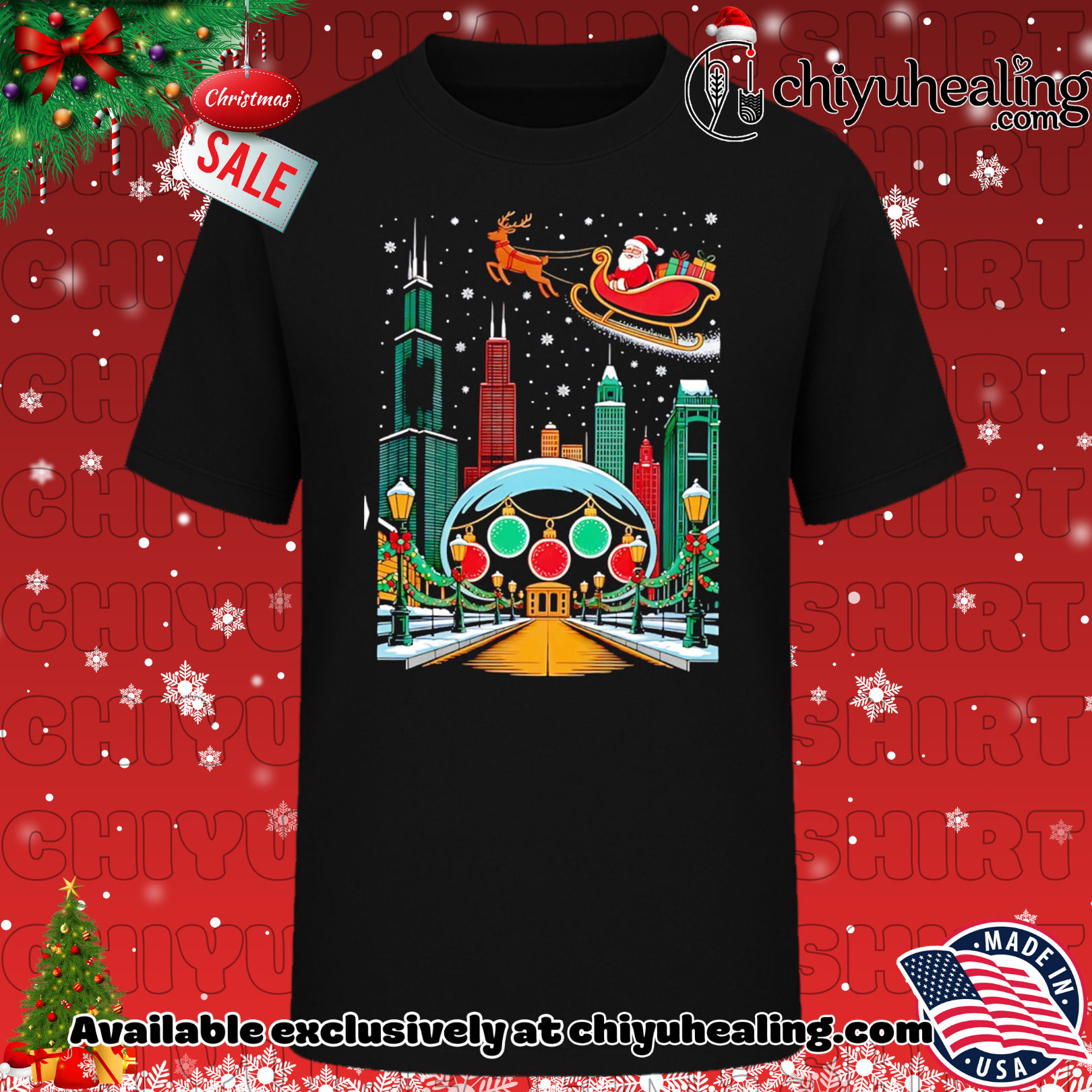 Chicago skyline with Santa's sleigh christmas shirt, Hoodie, Sweatshirt, Poster Canvas, Mug, Ornaments