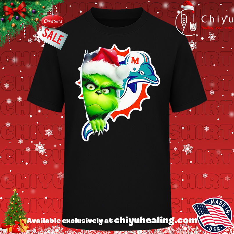 Funny Grinch Peeking Through Miami Dolphins Christmas Holiday shirt, Hoodie, Sweatshirt, Poster Canvas, Mug, Ornaments