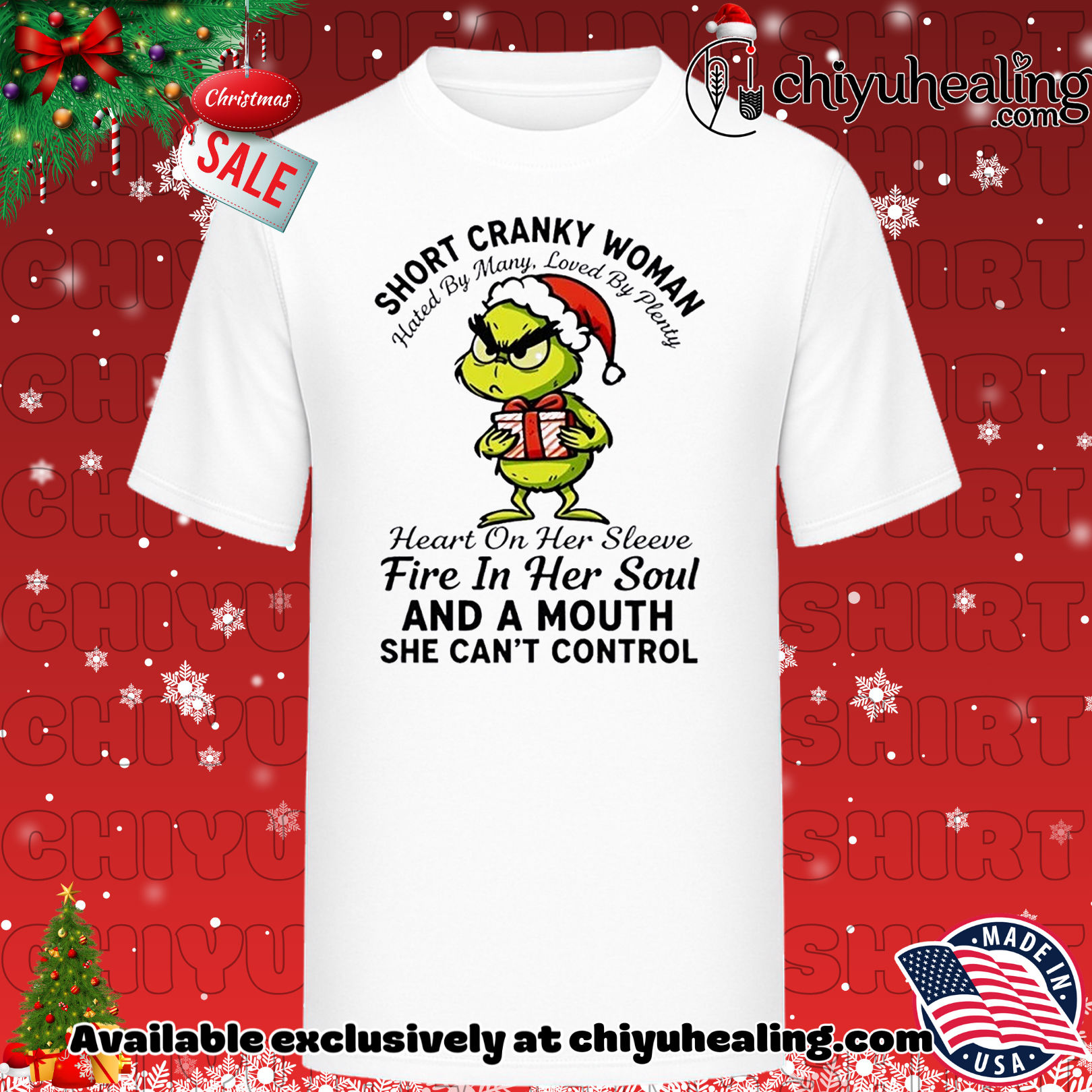 Grinch short cranky woman hated by many loved by plenty heart on her sleeve Christmas ornament, Hoodie, Sweatshirt, Poster Canvas, Mug, Ornaments