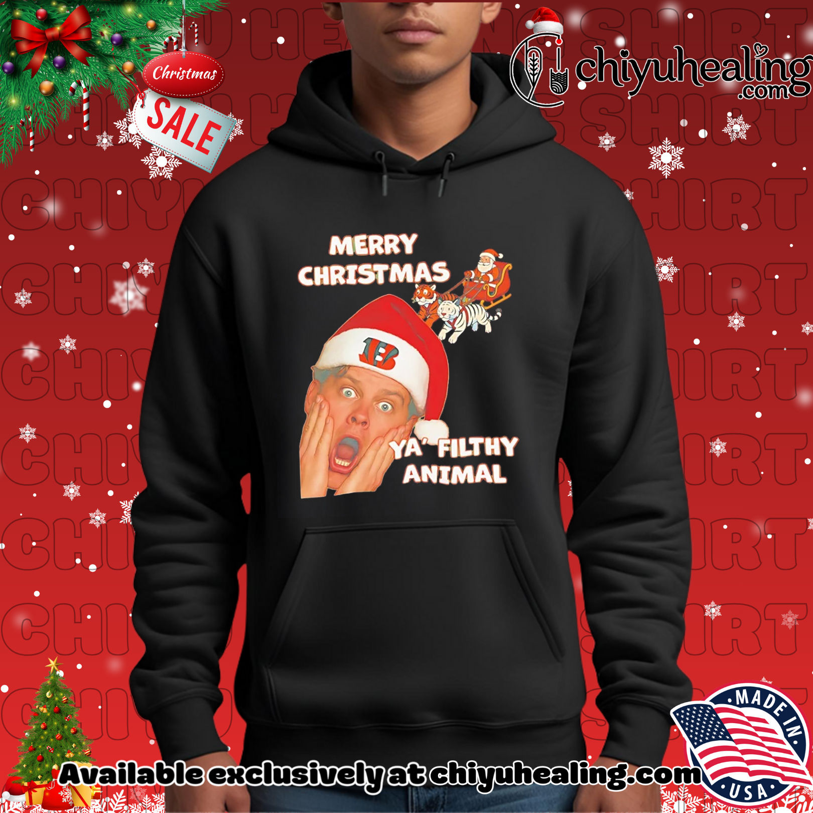 Joe Burrow Cincinnati Bengals Merry Christmas Ya' Filthy Animal shirt, Hoodie, Sweatshirt, Poster Canvas, Mug, Ornaments