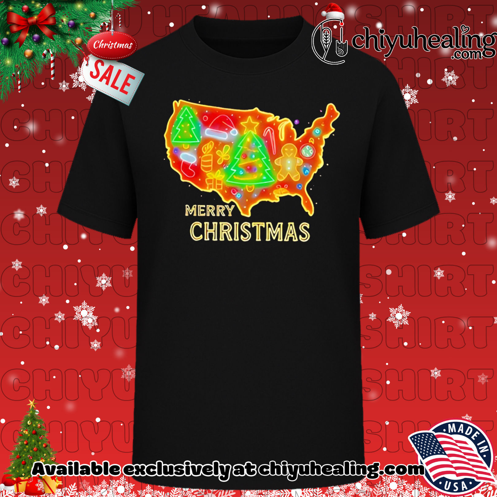 Merry Christmas America Map neon shirt, Hoodie, Sweatshirt, Poster Canvas, Mug, Ornaments