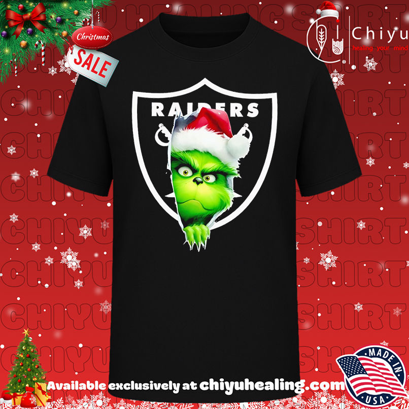 Nice Grinch Peeking Through Raiders Football Christmas Holiday shirt, Hoodie, Sweatshirt, Poster Canvas, Mug, Ornaments
