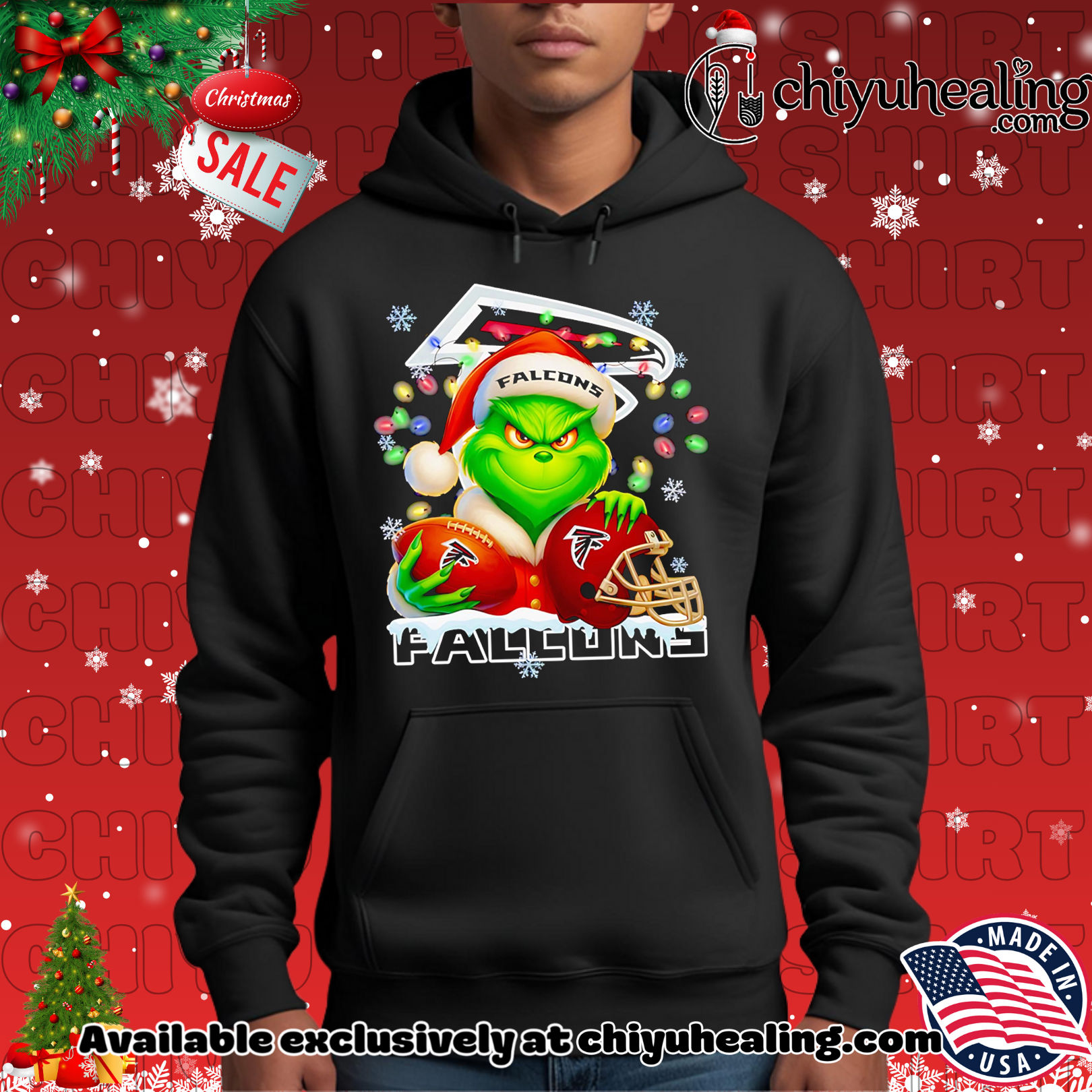 Santa Christmas Grinch Atlanta Falcons holding helmet football shirt, Hoodie, Sweatshirt, Poster Canvas, Mug, Ornaments