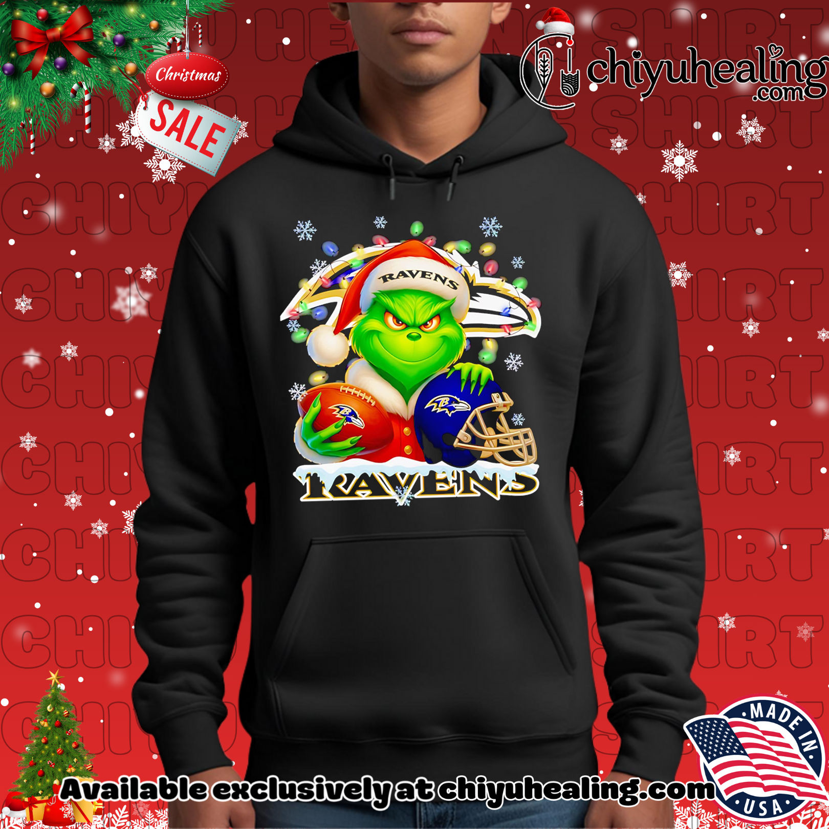 Santa Christmas Grinch Baltimore Ravens holding helmet football shirt, Hoodie, Sweatshirt, Poster Canvas, Mug, Ornaments