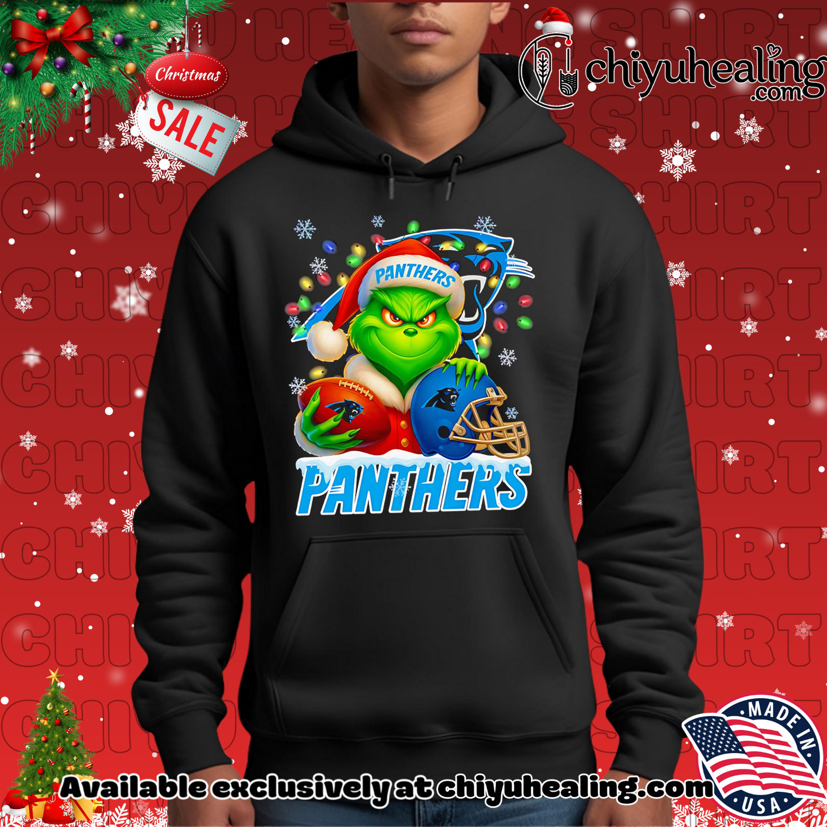 Santa Christmas Grinch Carolina Panthers holding helmet football shirt, Hoodie, Sweatshirt, Poster Canvas, Mug, Ornaments