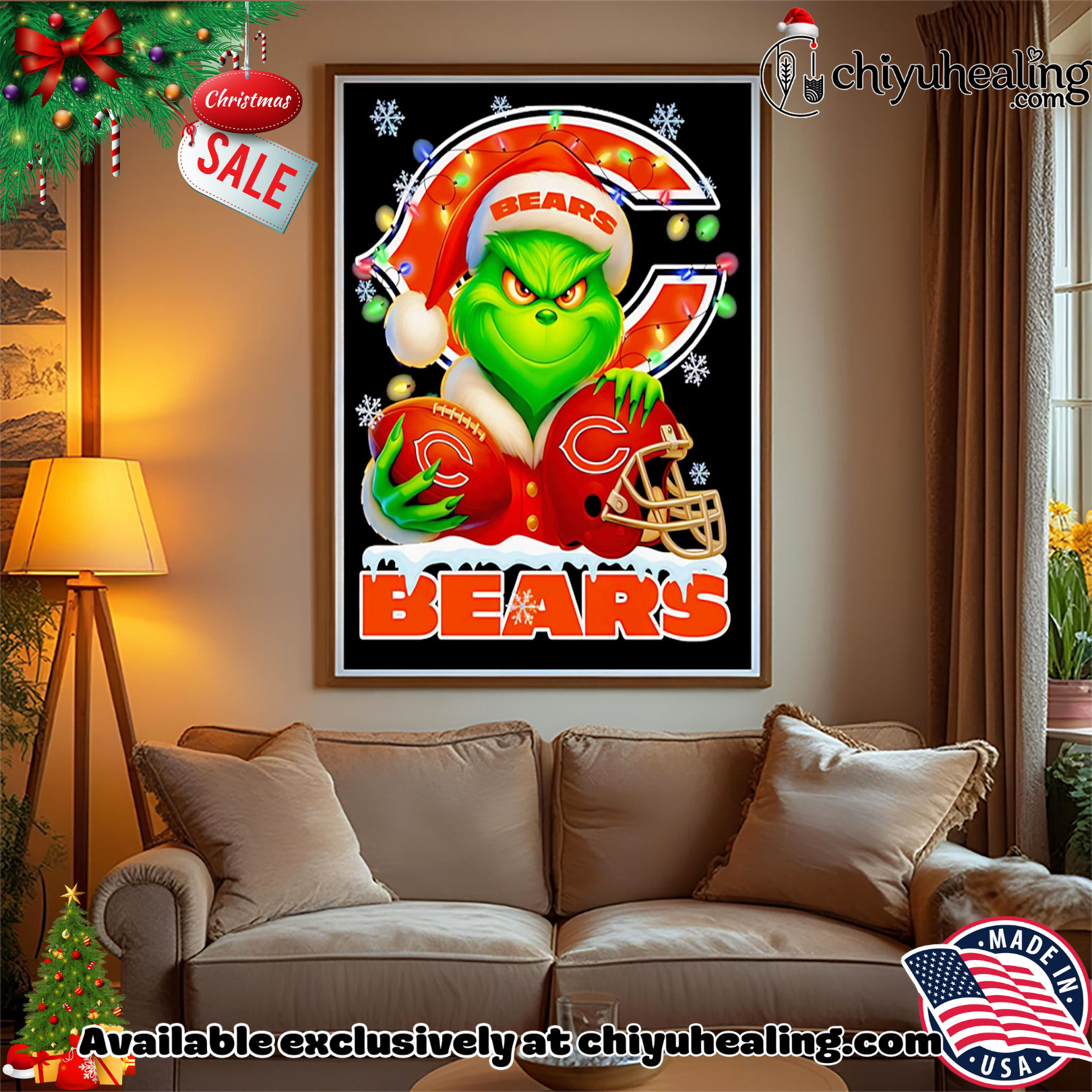 Santa Christmas Grinch Chicago Bears holding helmet football shirt, Hoodie, Sweatshirt, Poster Canvas, Mug, Ornaments Santa Christmas Grinch Chicago Bears holding helmet football shirt, Hoodie, Sweatshirt, Poster Canvas, Mug, Ornaments