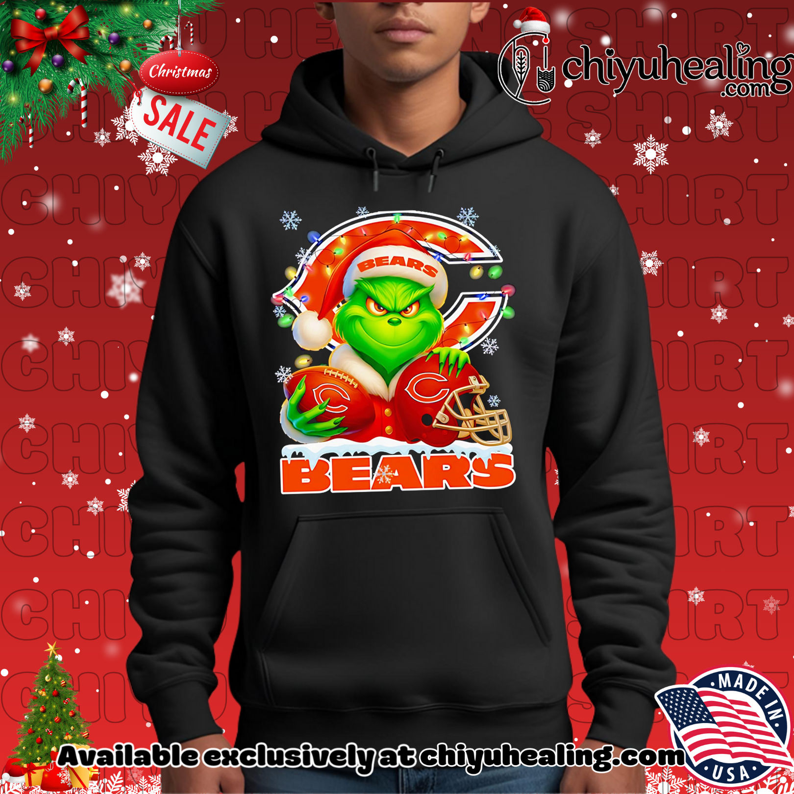 Santa Christmas Grinch Chicago Bears holding helmet football shirt, Hoodie, Sweatshirt, Poster Canvas, Mug, Ornaments
