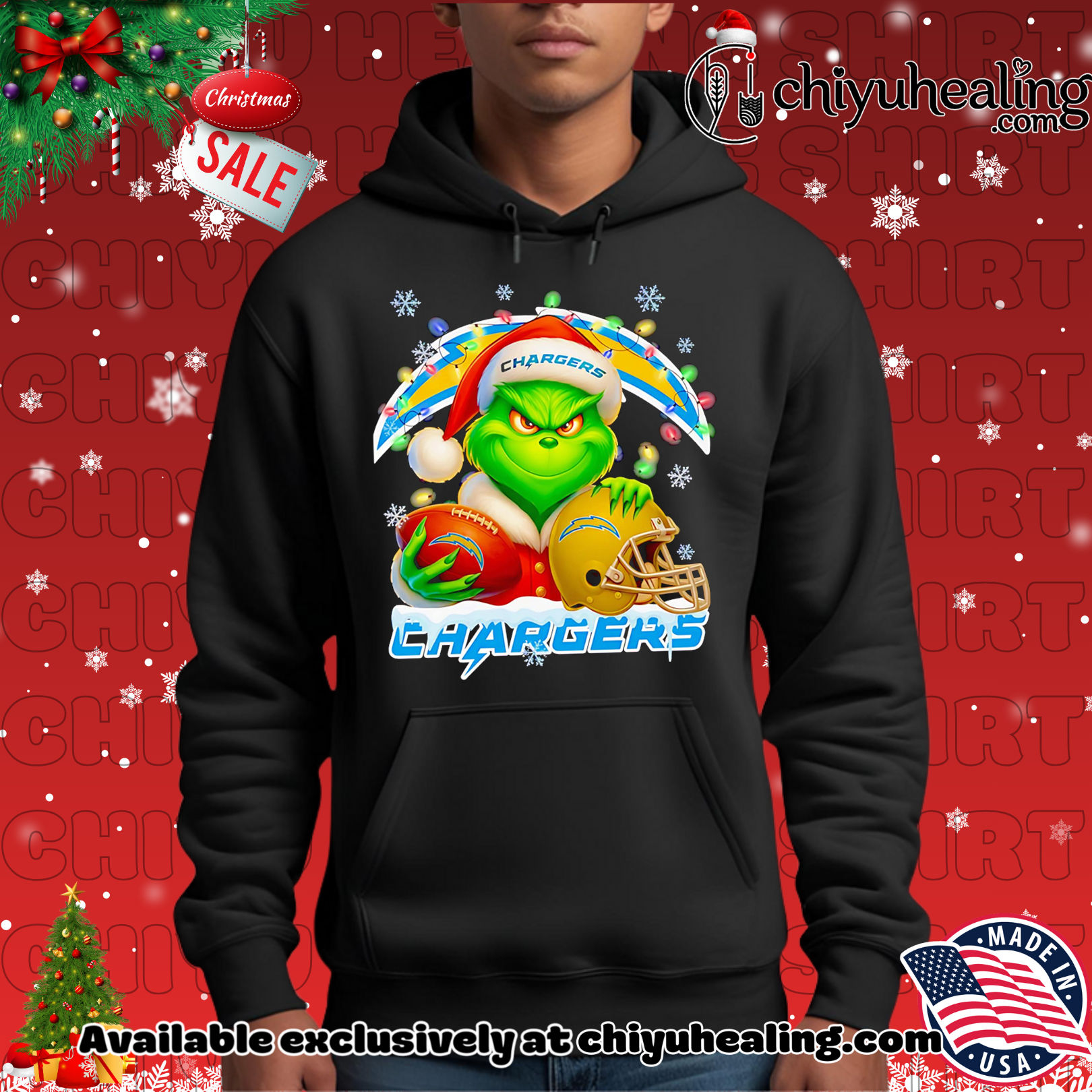 Santa Christmas Grinch Los Angeles Chargers holding helmet football shirt, Hoodie, Sweatshirt, Poster Canvas, Mug, Ornaments