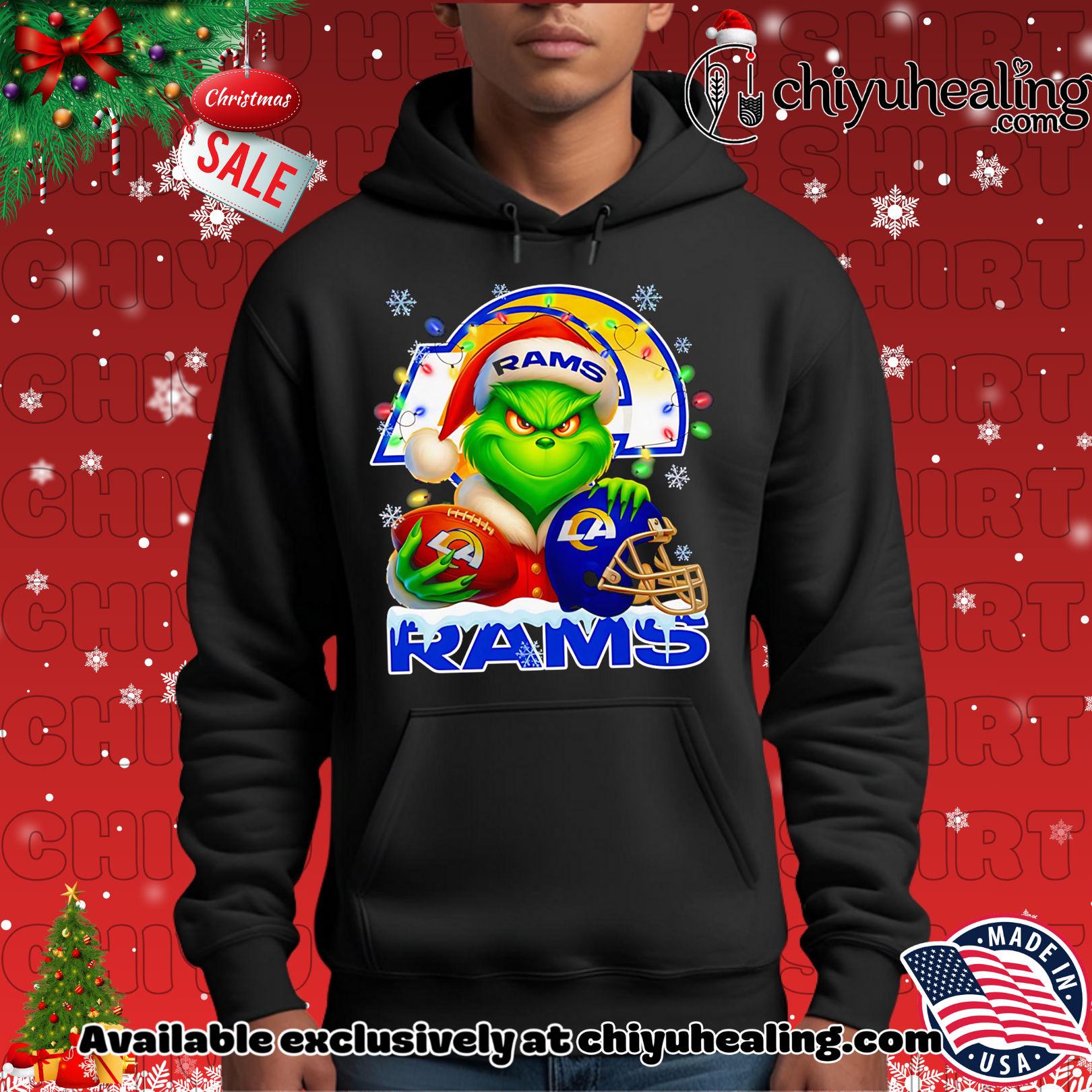 Santa Christmas Grinch Los Angeles Rams holding helmet football shirt, Hoodie, Sweatshirt, Poster Canvas, Mug, Ornaments