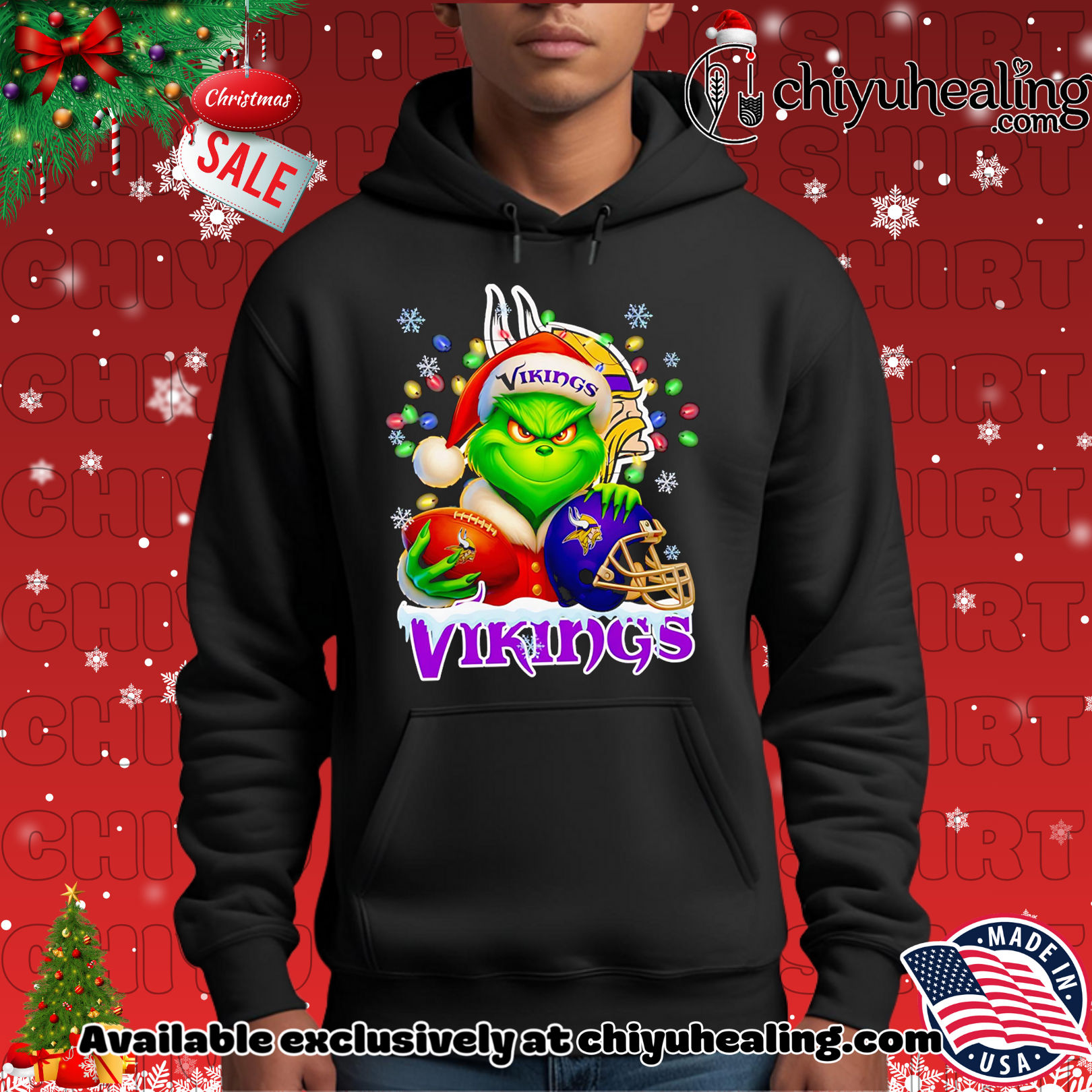 Santa Christmas Grinch Minnesota Vikings holding helmet football shirt, Hoodie, Sweatshirt, Poster Canvas, Mug, Ornaments