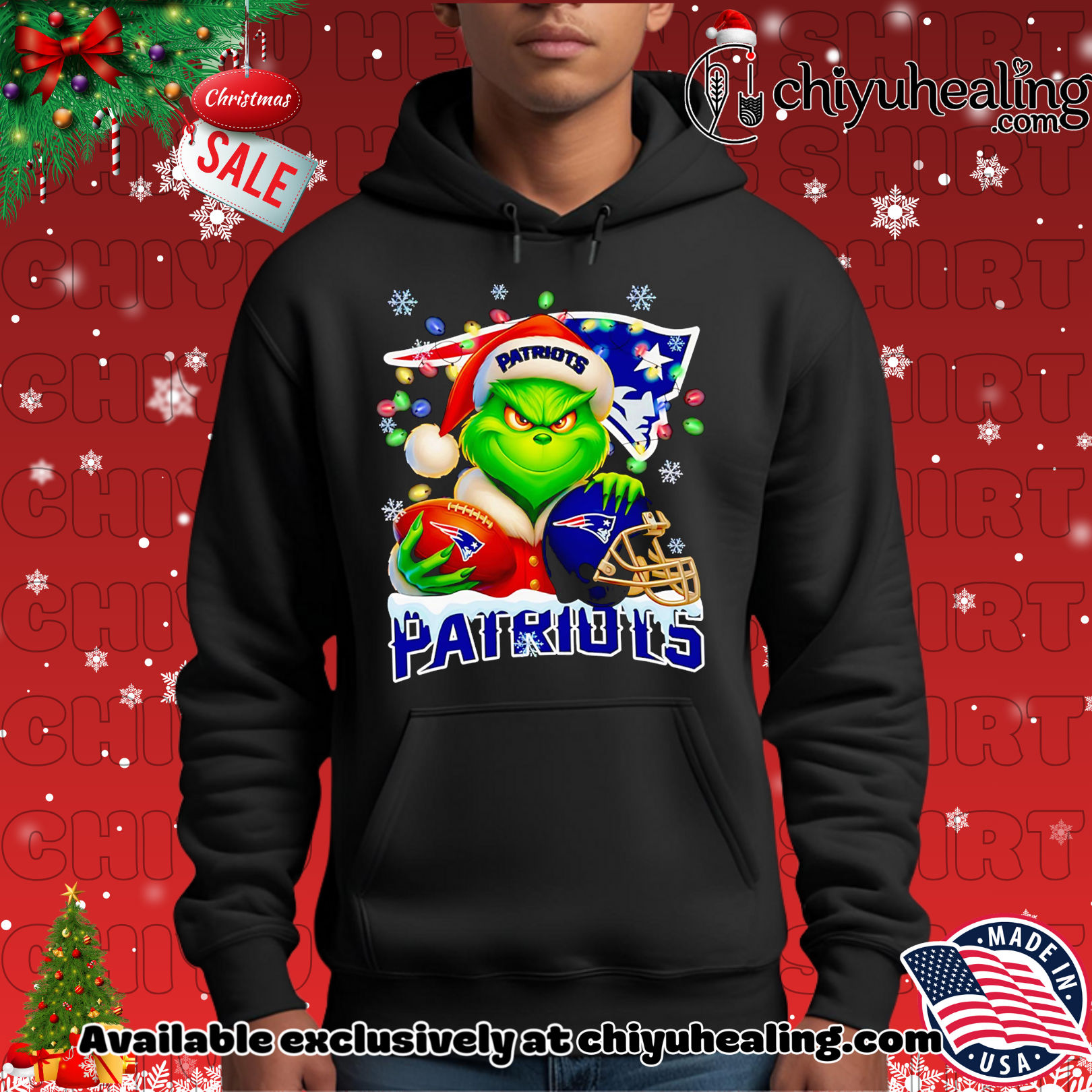Santa Christmas Grinch New England Patriots holding helmet football shirt, Hoodie, Sweatshirt, Poster Canvas, Mug, Ornaments