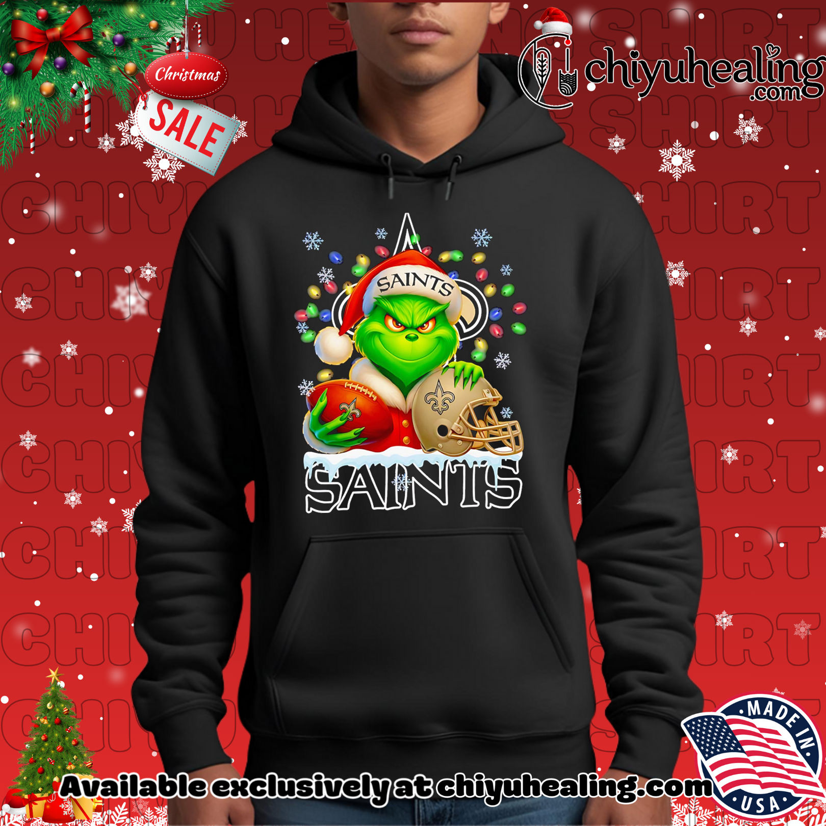 Santa Christmas Grinch New Orleans Saints holding helmet football shirt, Hoodie, Sweatshirt, Poster Canvas, Mug, Ornaments