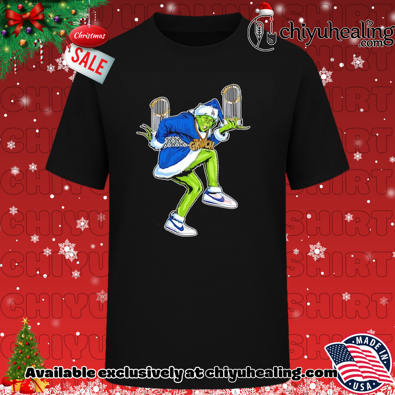 The Grinch LA Dodgers 2025 WS Champions trophy Christmas shirt, Hoodie, Sweatshirt, Poster Canvas, Mug, Ornaments