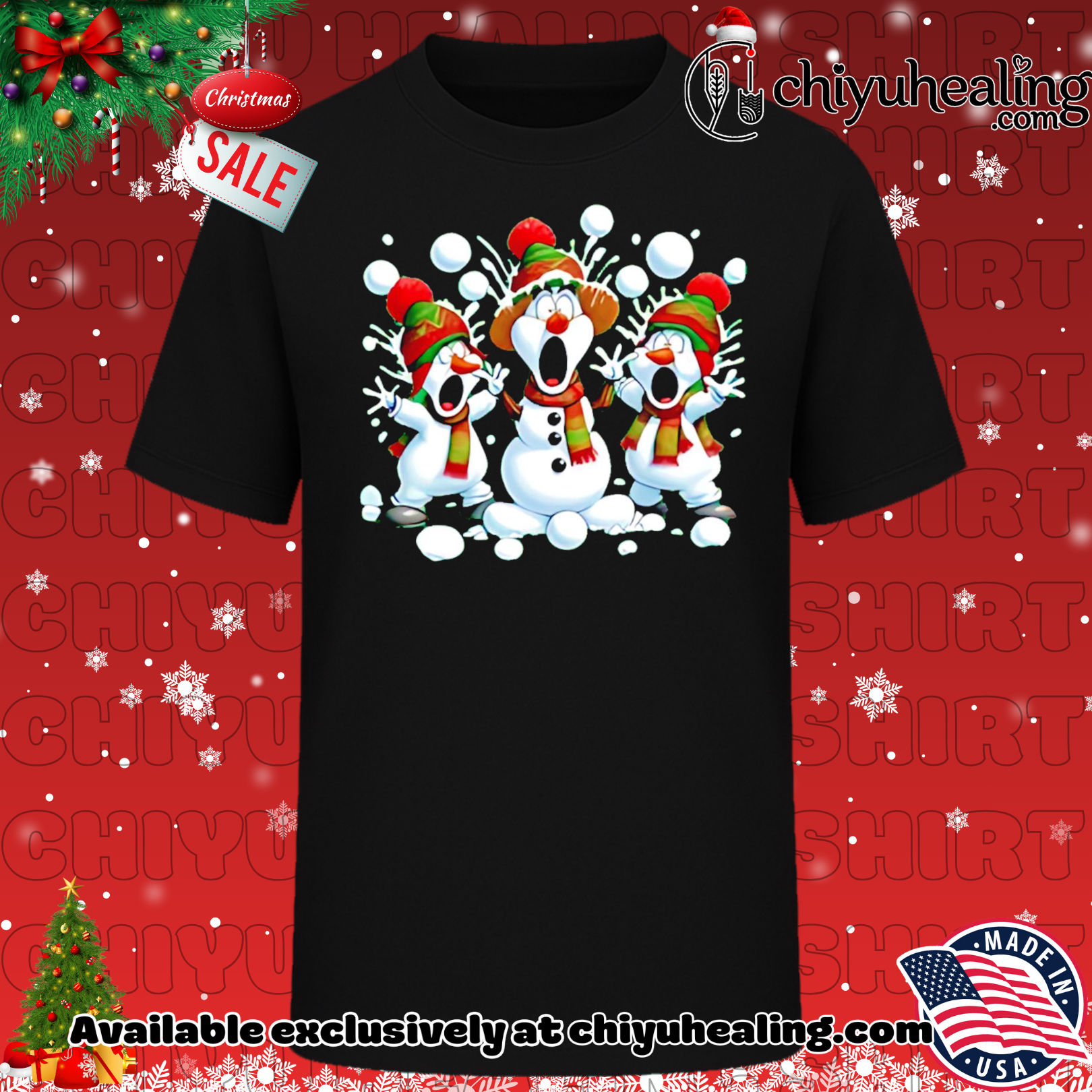 Three cartoon snowmen wearing Christmas hats and scarves shirt, Hoodie, Sweatshirt, Poster Canvas, Mug, Ornaments