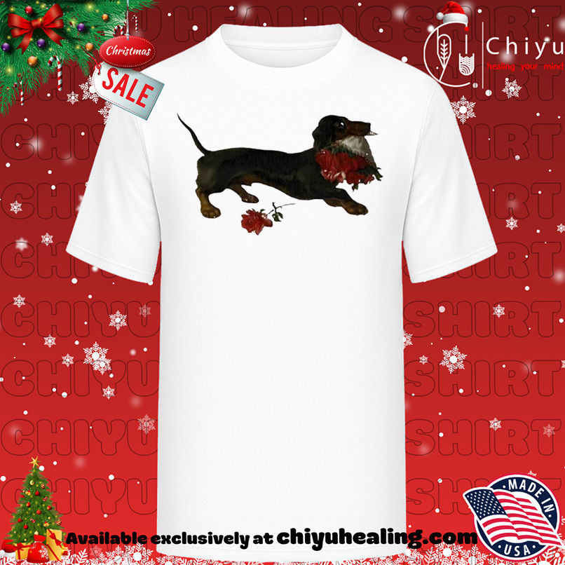 Top Dachshund running with a bouquet of red flowers in her mouth shirt, Hoodie, Sweatshirt, Poster Canvas, Mug, Ornaments