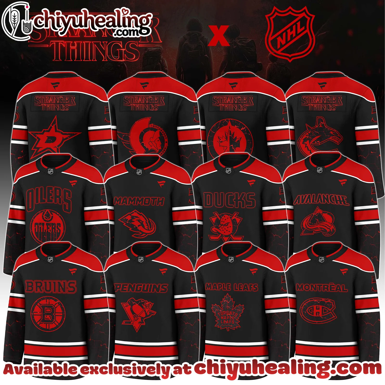 All Team NHL x Stranger Things 5 Hockey Jersey with a bold red - black