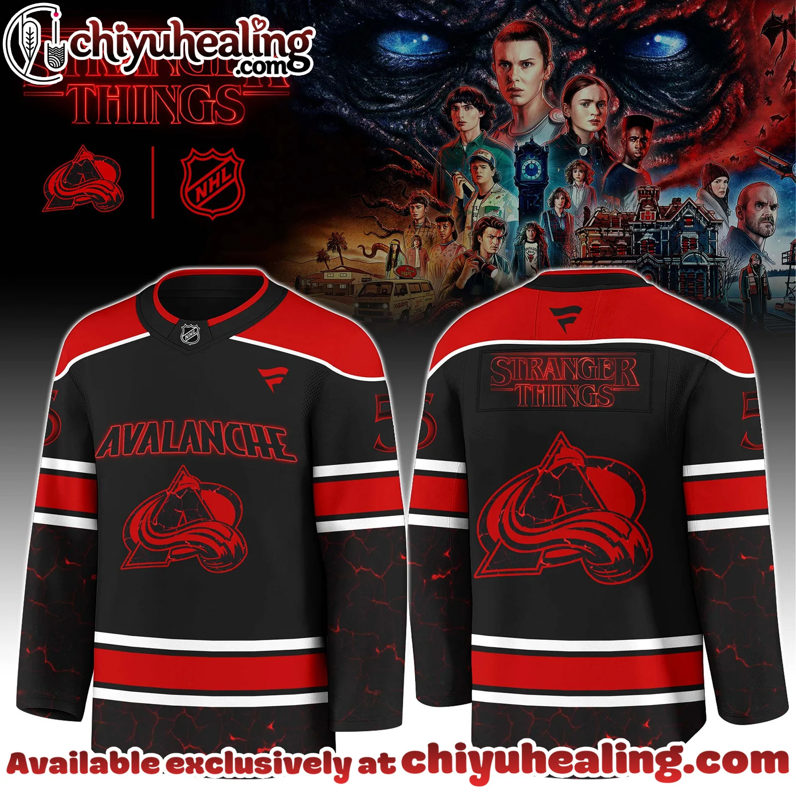 Colorado Avalanche x Stranger Things 5 Hockey Jersey with a bold red - black