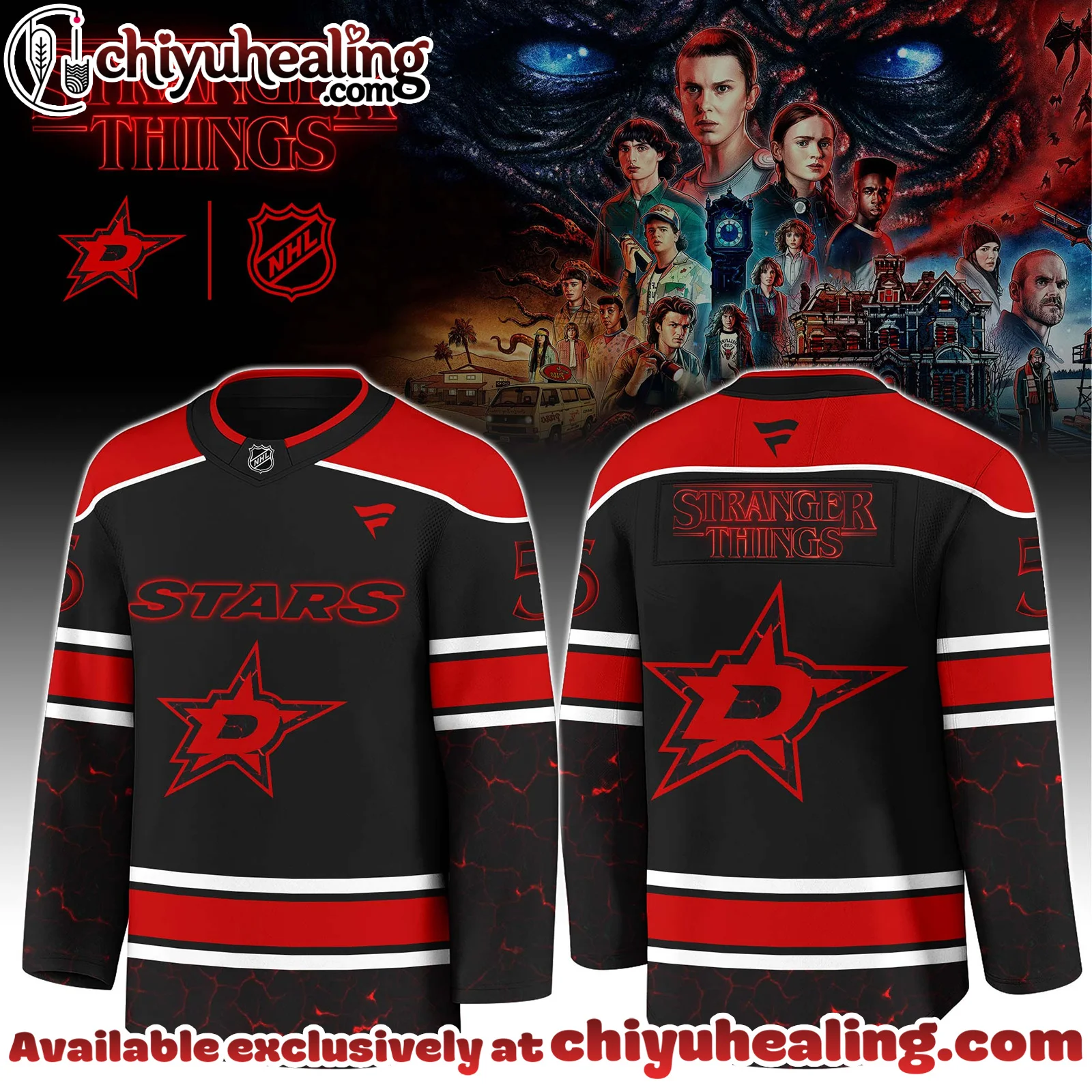 Dallas Stars x Stranger Things 5 Hockey Jersey with a bold red - black