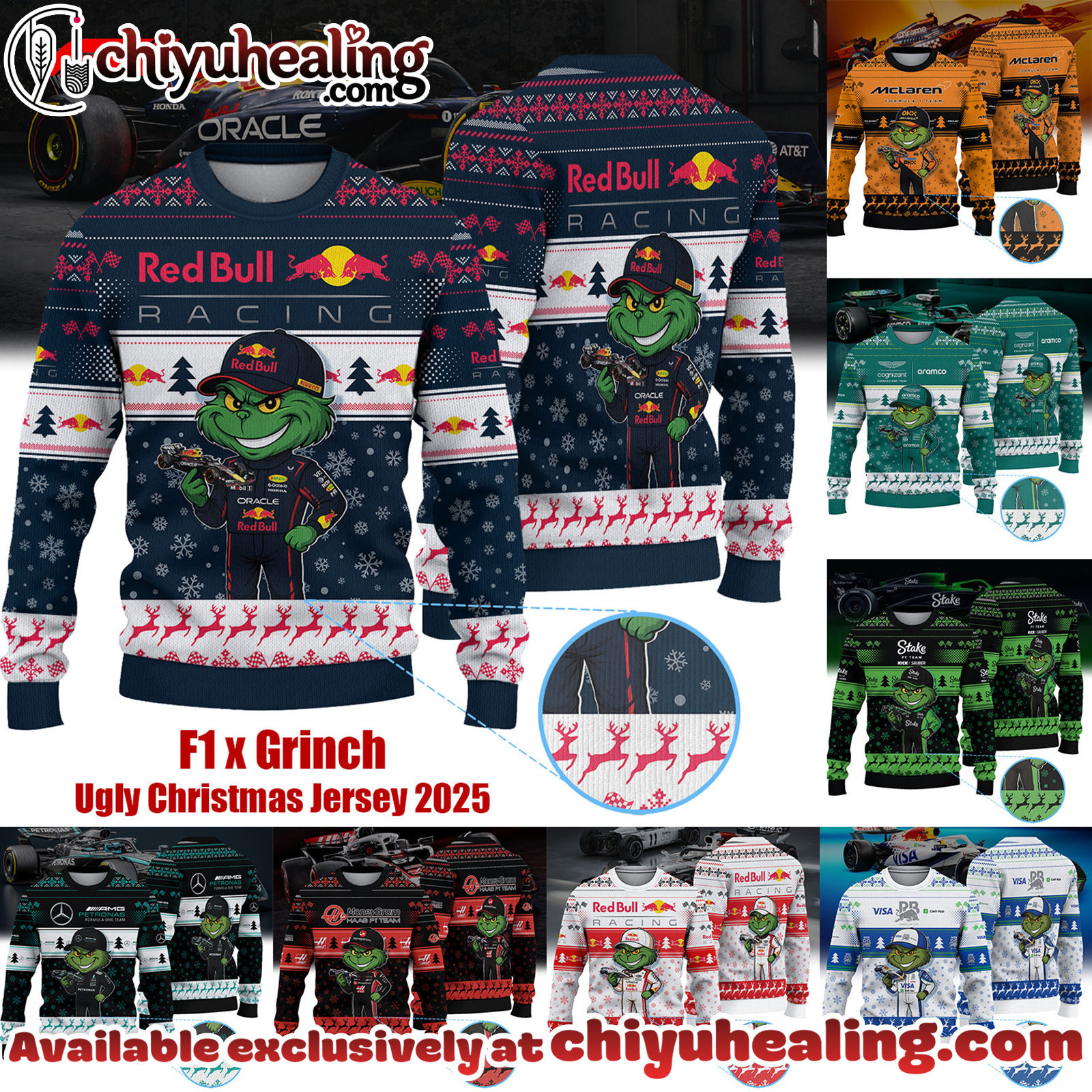 F1 × Grinch Ugly Christmas Sweater - Celebrate the holidays with all teams on the grid