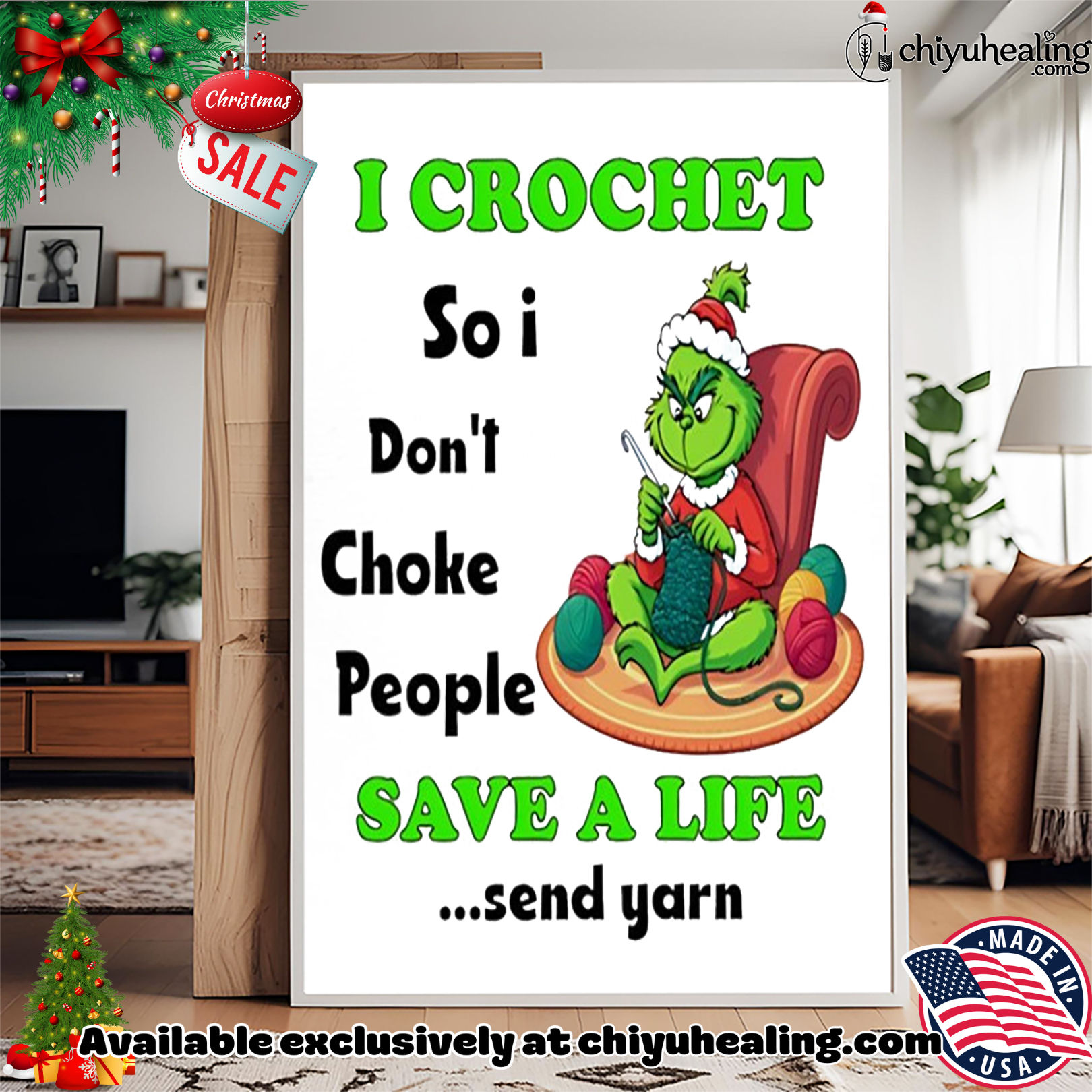I crochet so I don't choke people save a life send yarn Grinch Christmas shirt, Hoodie, Sweatshirt, Poster Canvas, Mug, Ornaments 15 i crochet so i don t choke people save a life send yarn grinch christmas shirt hoodie sweatshirt tank top
