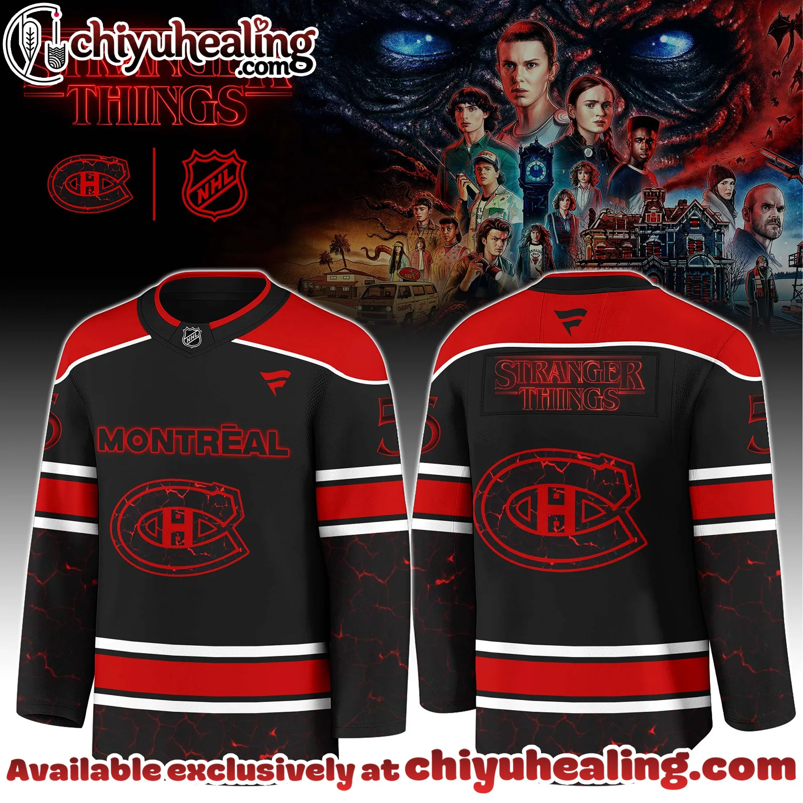 Montreal Canadiens x Stranger Things 5 Hockey Jersey with a bold red - black