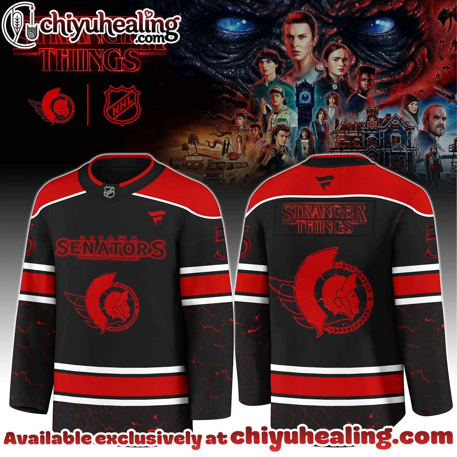 Ottawa Senators x Stranger Things 5 Hockey Jersey with a bold red - black