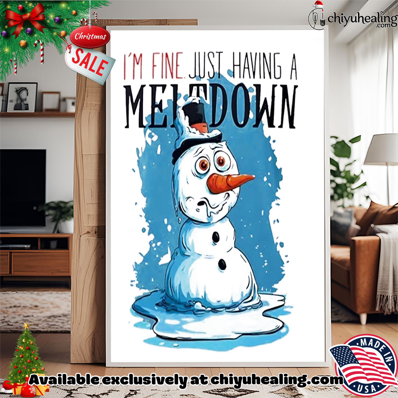 Snowmen I'm fine just having a Meltdown Christmas ornament, Hoodie, Sweatshirt, Poster Canvas, Mug, Ornaments 4 Snowmen I'm fine just having a Meltdown Christmas ornament, Hoodie, Sweatshirt, Poster Canvas, Mug, Ornaments