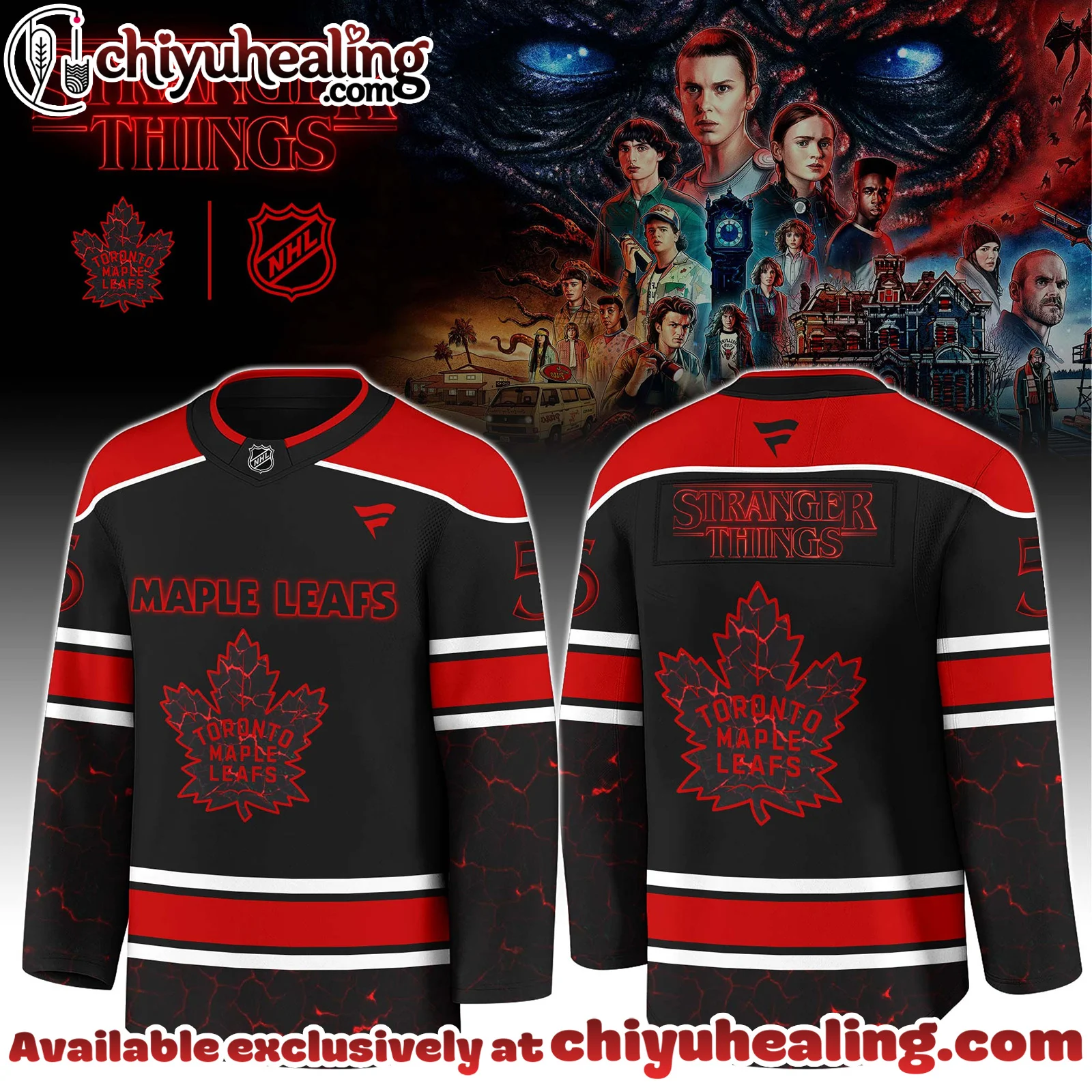 Toronto Maple Leafs x Stranger Things 5 Hockey Jersey with a bold red - black