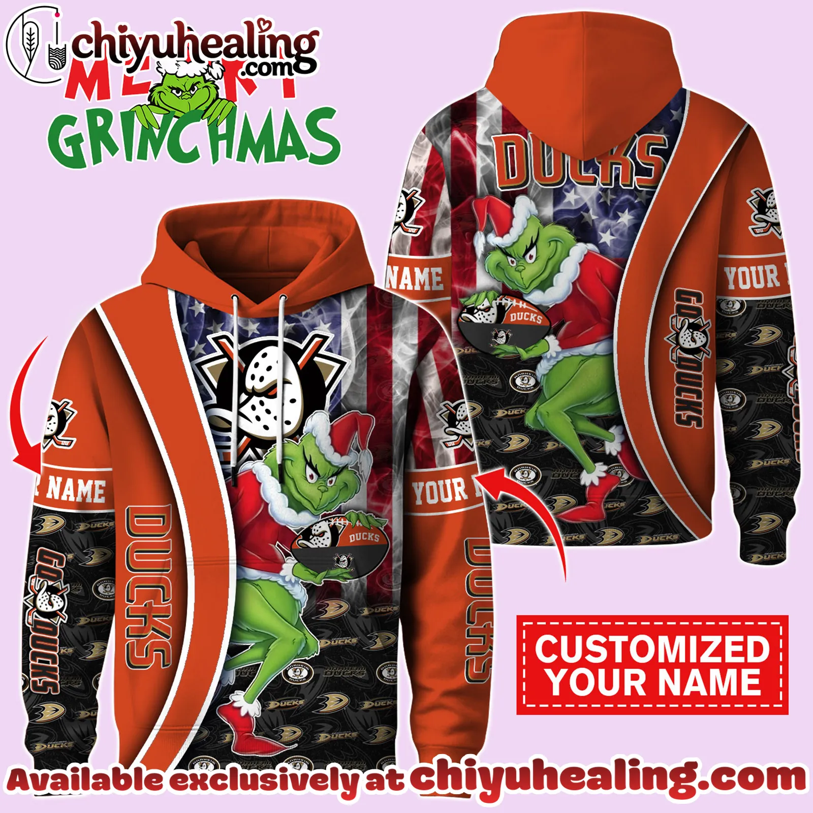 Anaheim Ducks x The Grinch Christmas Hockey Hoodie Limited Edition-3D Unisex Hoodie
