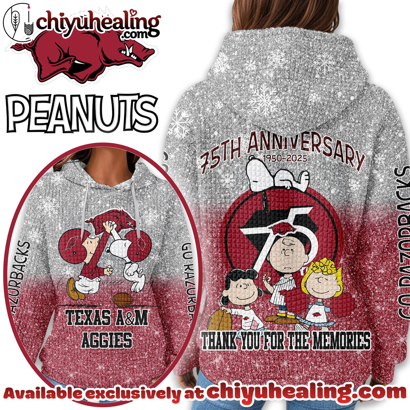 Arkansas Razorbacks Premium NCAA Peanuts Anniversary 3D Waffle Hoodie, Sweatshirt, Tshirt HI