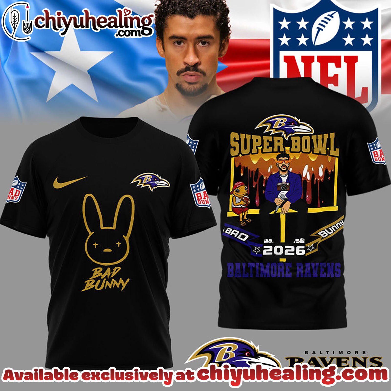 Baltimore Ravens Premium NFL Bad Bunny Super Bowl 3D Shirt Baltimore Ravens Premium NFL Bad Bunny Super Bowl 3D Shirt