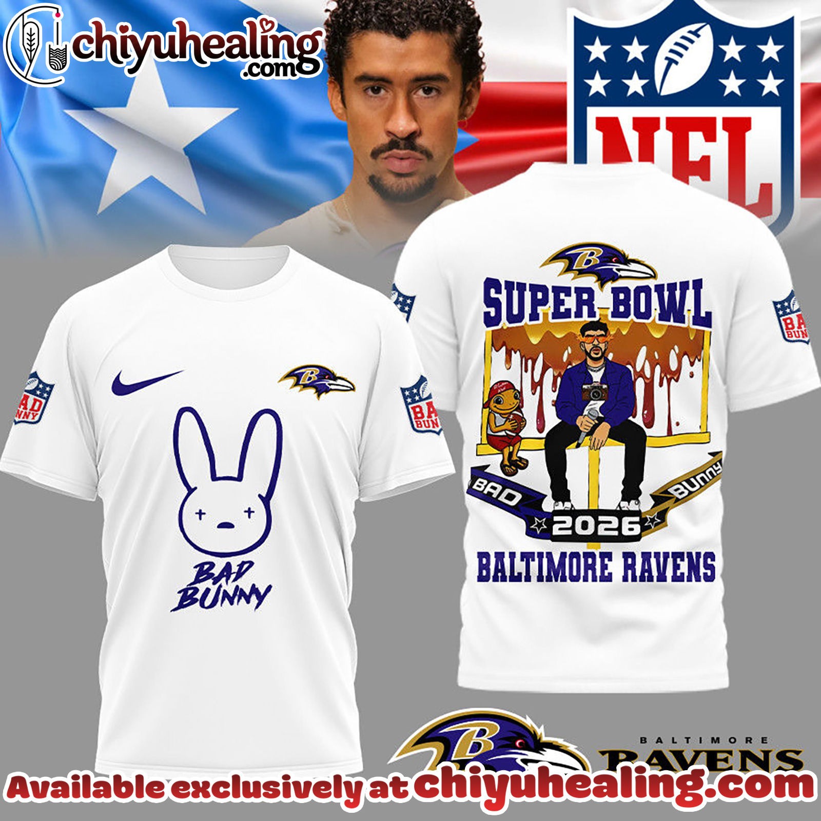 Baltimore Ravens Premium NFL Bad Bunny Super Bowl 3D Shirt