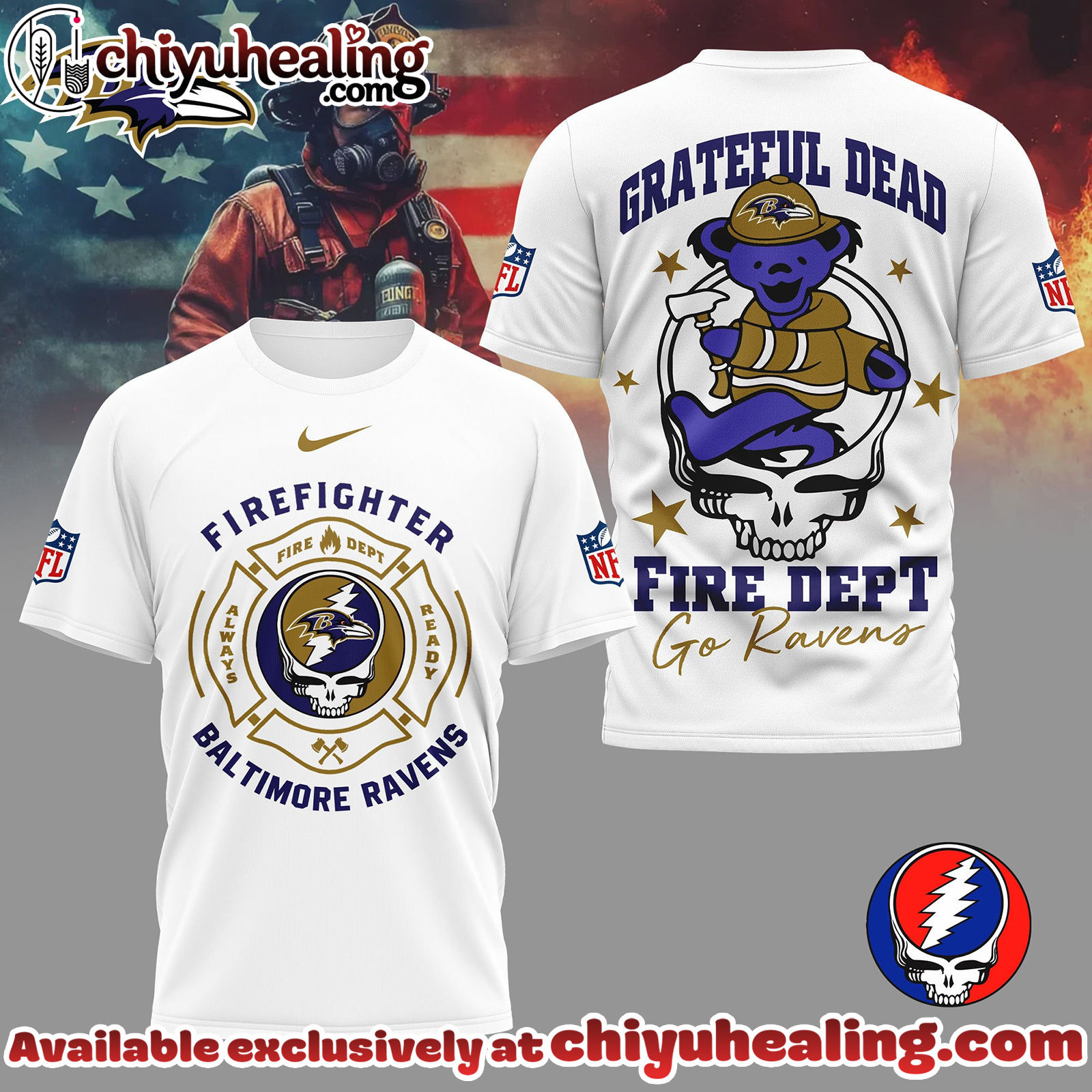 Baltimore Ravens Premium NFL Grateful Dead Firefighter 3D Shirt, Hoodie, Sweatshirt