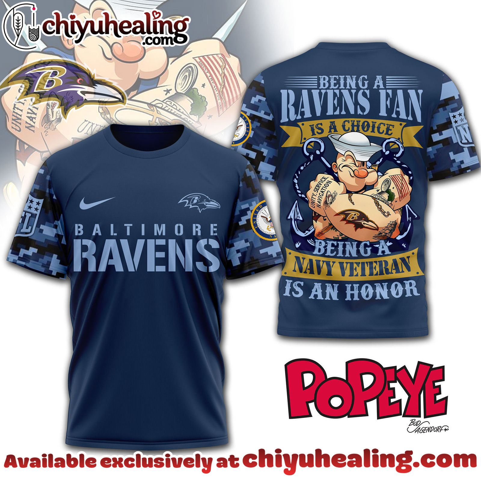 Baltimore Ravens Premium NFL Navy Veteran Popeye 3D T-Shirt, Hoodie, Sweatshirt, All Team NFL