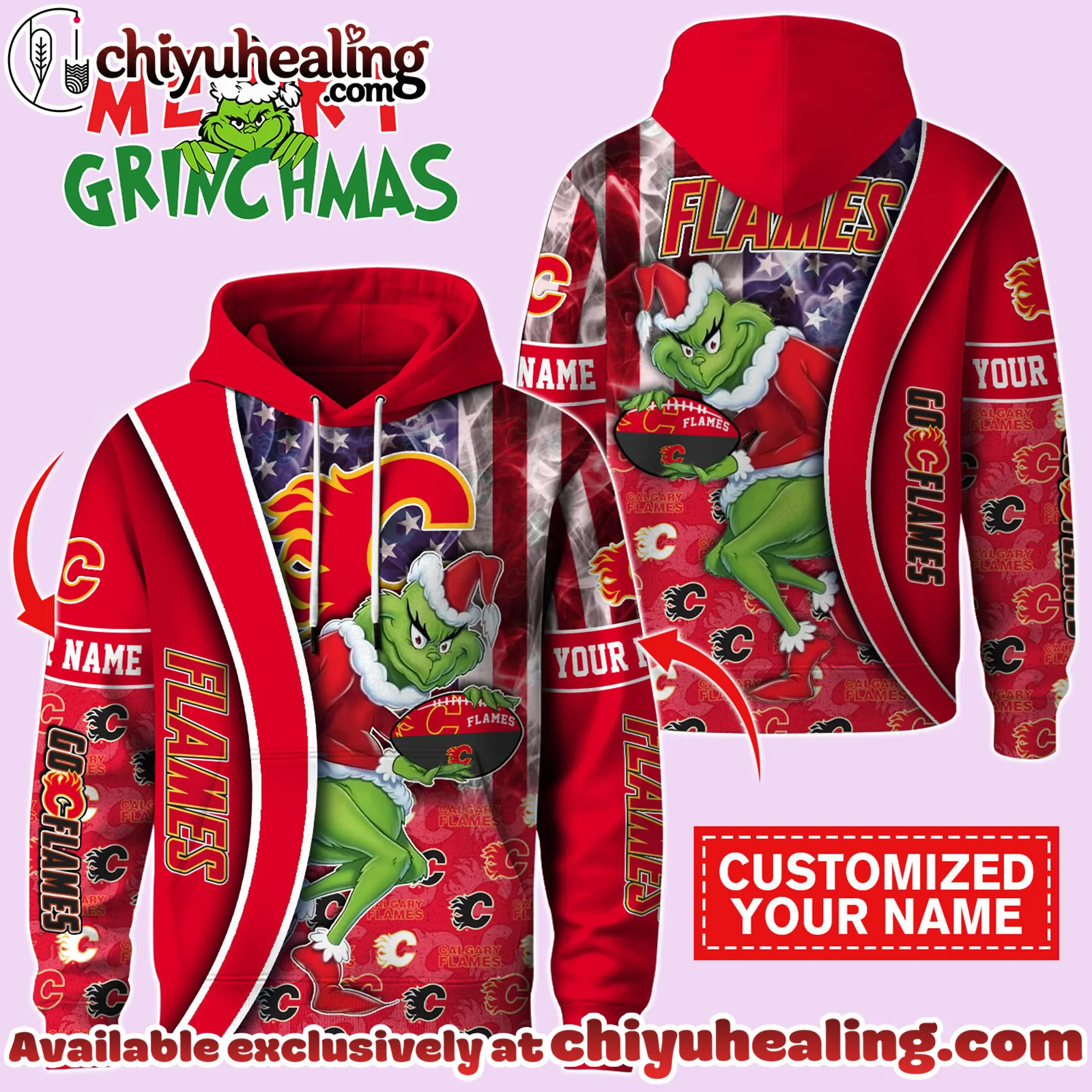 Calgary Flames x The Grinch Christmas Hockey Hoodie Limited Edition-3D Unisex Hoodie