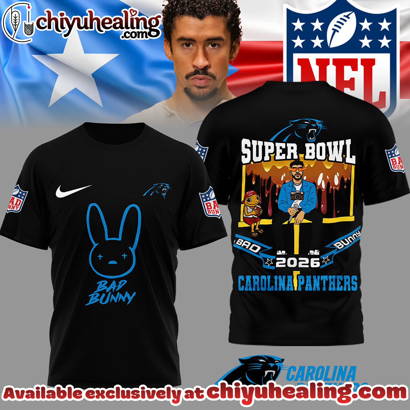Carolina Panthers Premium NFL Bad Bunny Super Bowl 3D Shirt Carolina Panthers Premium NFL Bad Bunny Super Bowl 3D Shirt