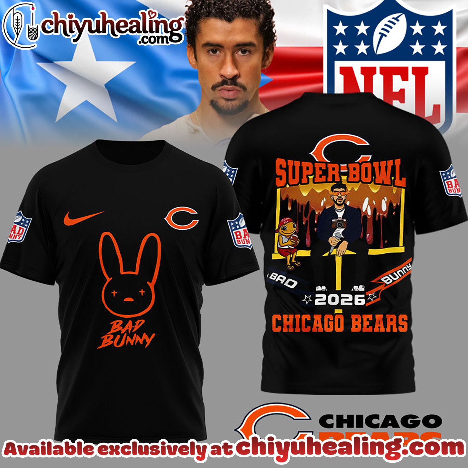 Chicago Bears Premium NFL Bad Bunny Super Bowl 3D Shirt Chicago Bears Premium NFL Bad Bunny Super Bowl 3D Shirt