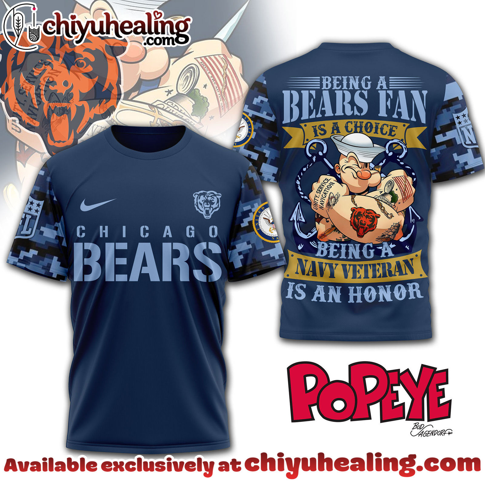 Chicago Bears Premium NFL Navy Veteran Popeye 3D T-Shirt, Hoodie, Sweatshirt, All Team NFL