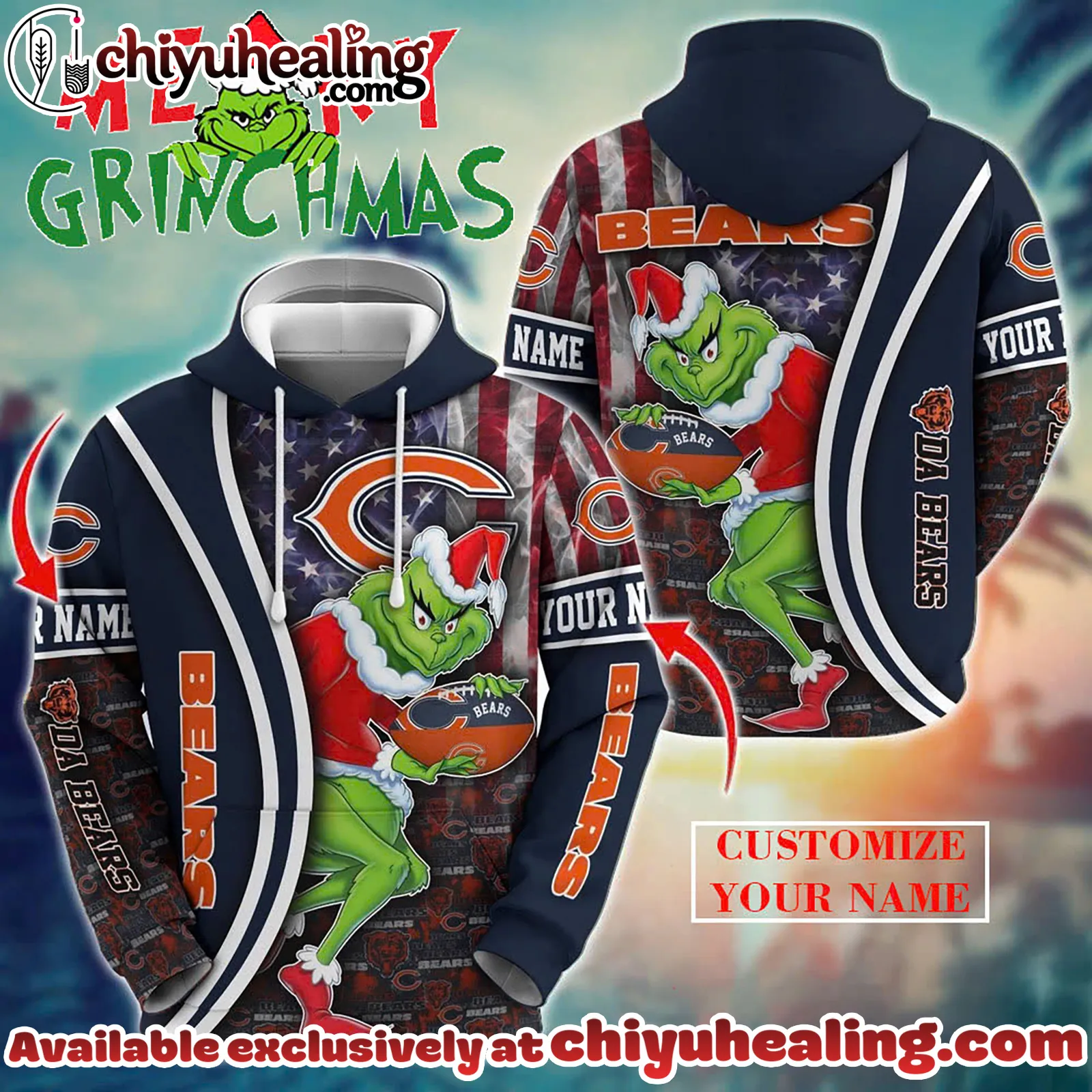 Chicago Bears x The Grinch Christmas Football Hoodie Limited Edition-3D Unisex Hoodie