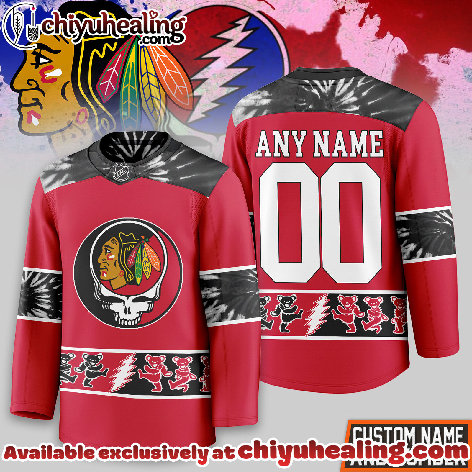 Chicago Blackhawks Premium NHL Tie-Dye Skull Hockey Jersey