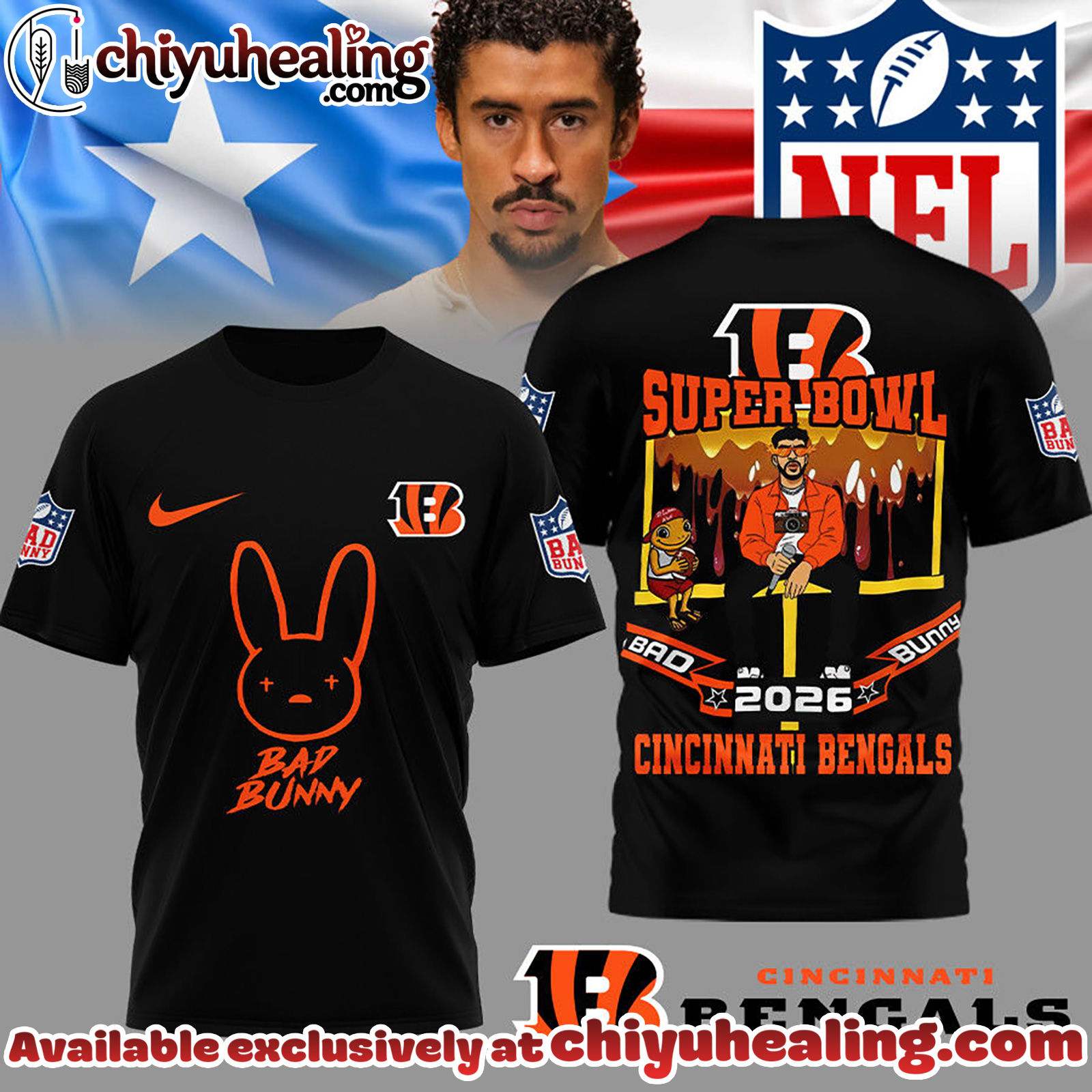 Cincinnati Bengals Premium NFL Bad Bunny Super Bowl 3D Shirt Cincinnati Bengals Premium NFL Bad Bunny Super Bowl 3D Shirt