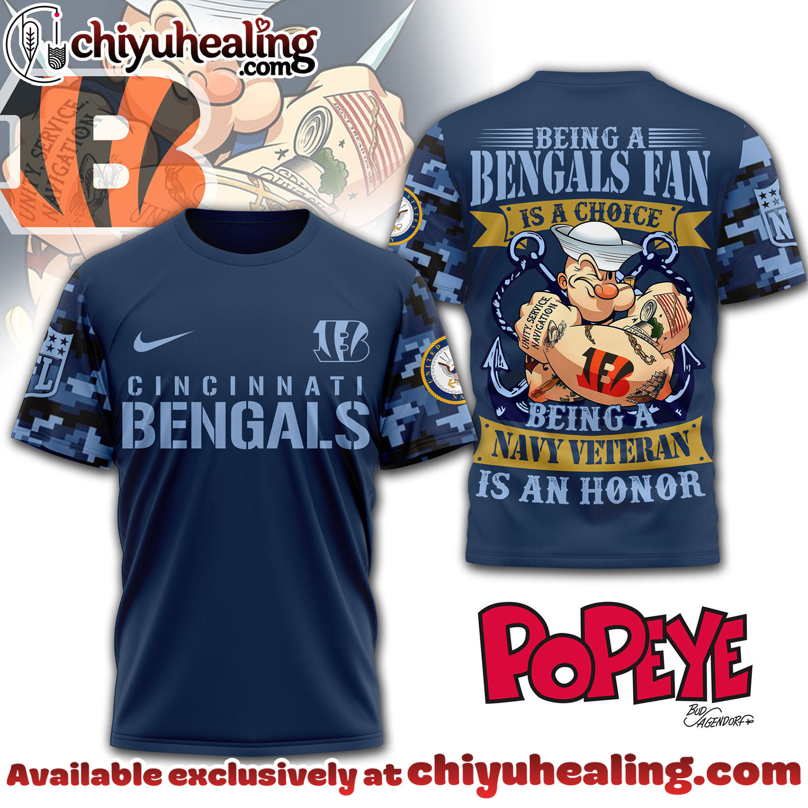 Cincinnati Bengals Premium NFL Navy Veteran Popeye 3D T-Shirt, Hoodie, Sweatshirt, All Team NFL