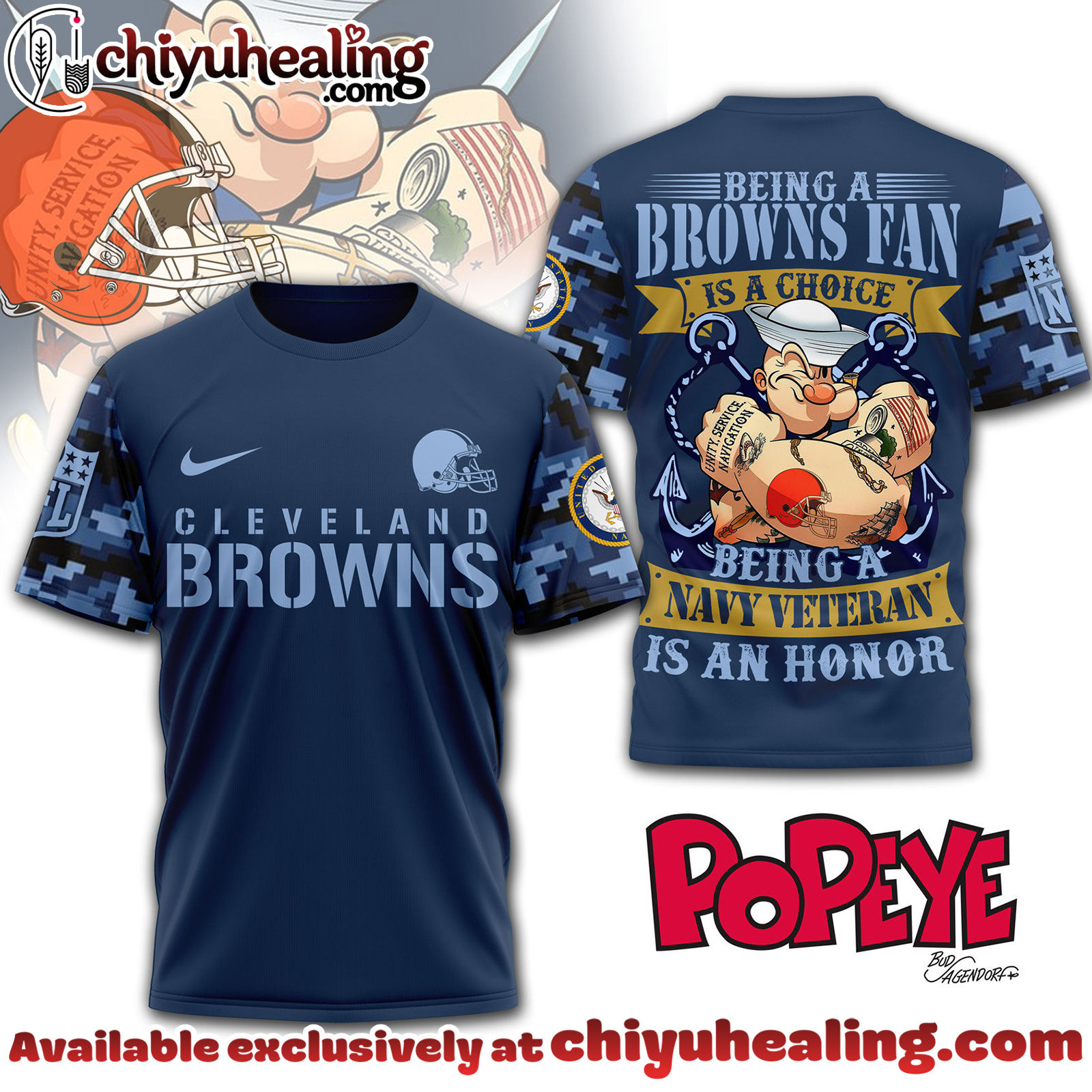 Cleveland Browns Premium NFL Navy Veteran Popeye 3D T-Shirt, Hoodie, Sweatshirt, All Team NFL