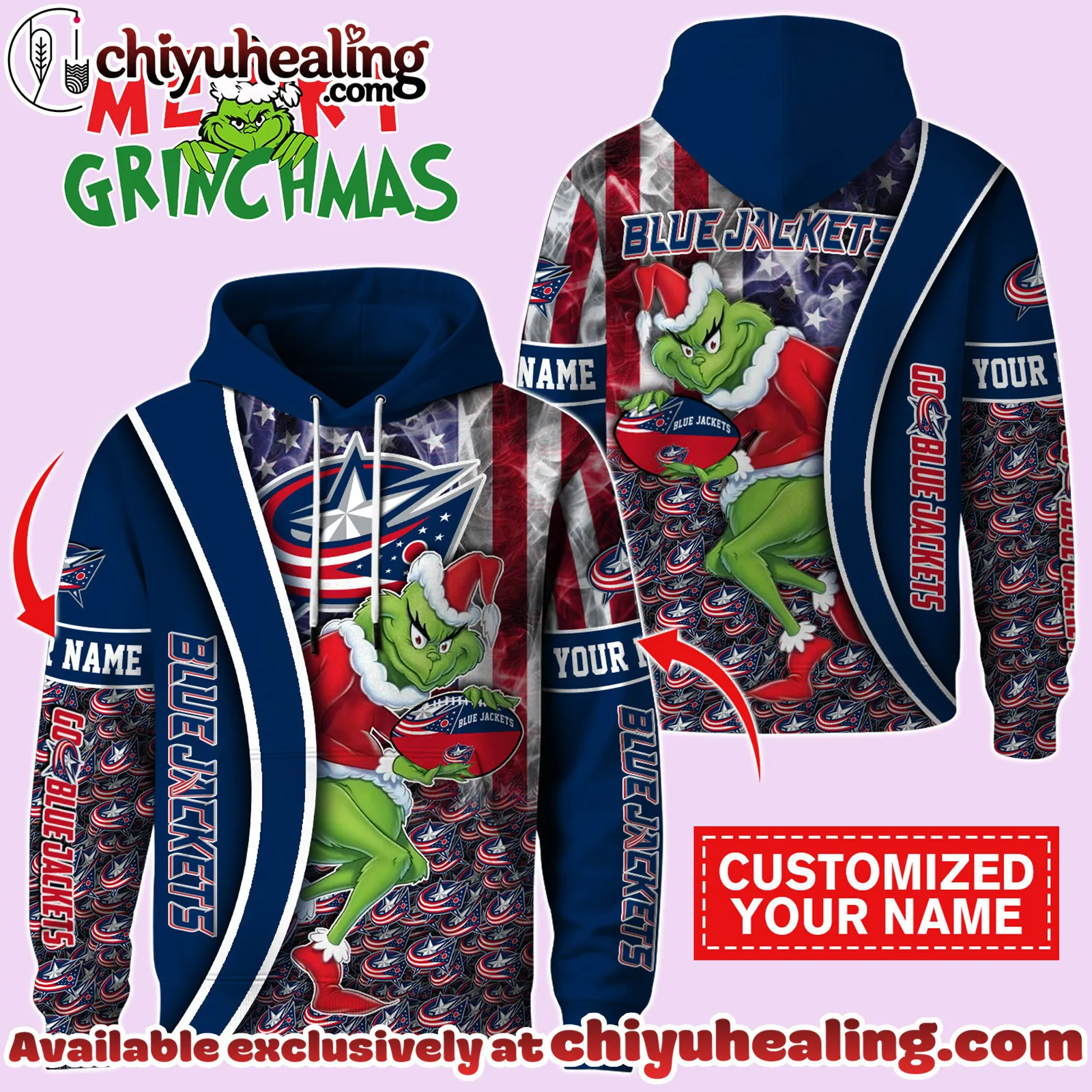 Columbus Blue Jackets x The Grinch Christmas Hockey Hoodie Limited Edition-3D Unisex Hoodie