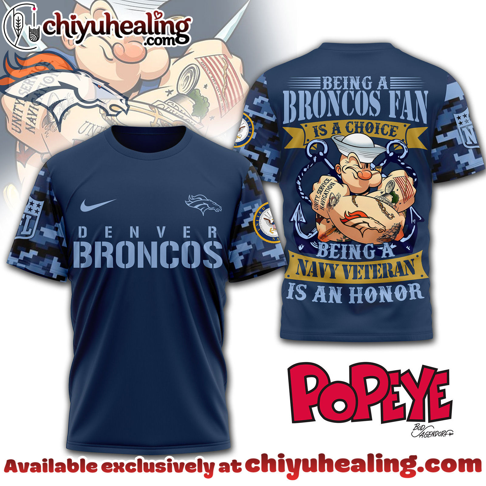 Denver Broncos Premium NFL Navy Veteran Popeye 3D T-Shirt, Hoodie, Sweatshirt, All Team NFL
