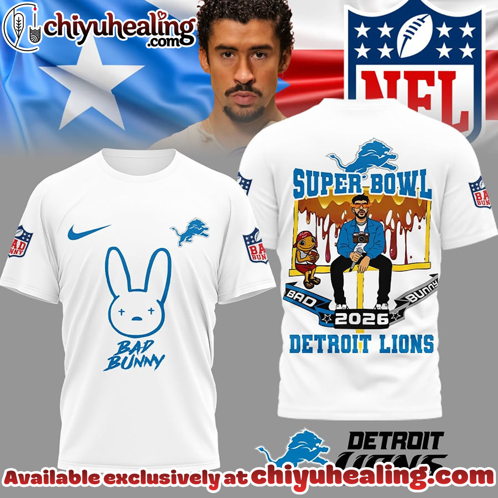 Detroit Lions Premium NFL Bad Bunny Super Bowl 3D Shirt