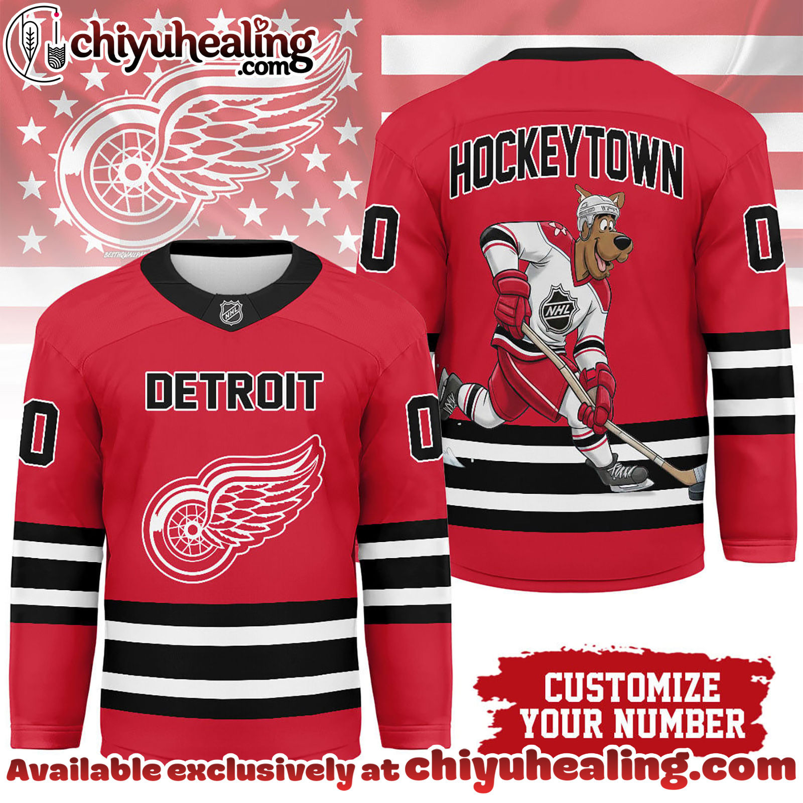 Detroit Red Wings Premium NHL Scooby Doo Personalized Hockey Jersey