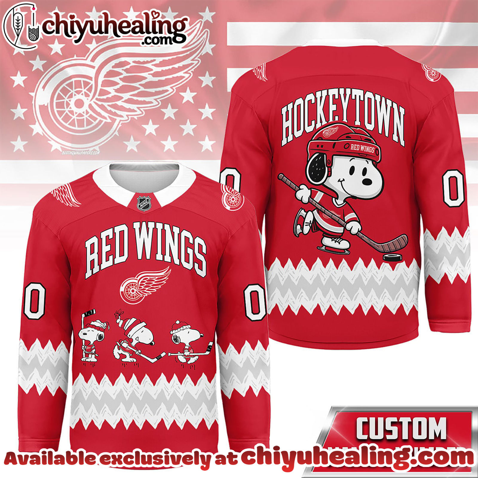 Detroit Red Wings Premium NHL Snoopy Personalized Hockey Jersey